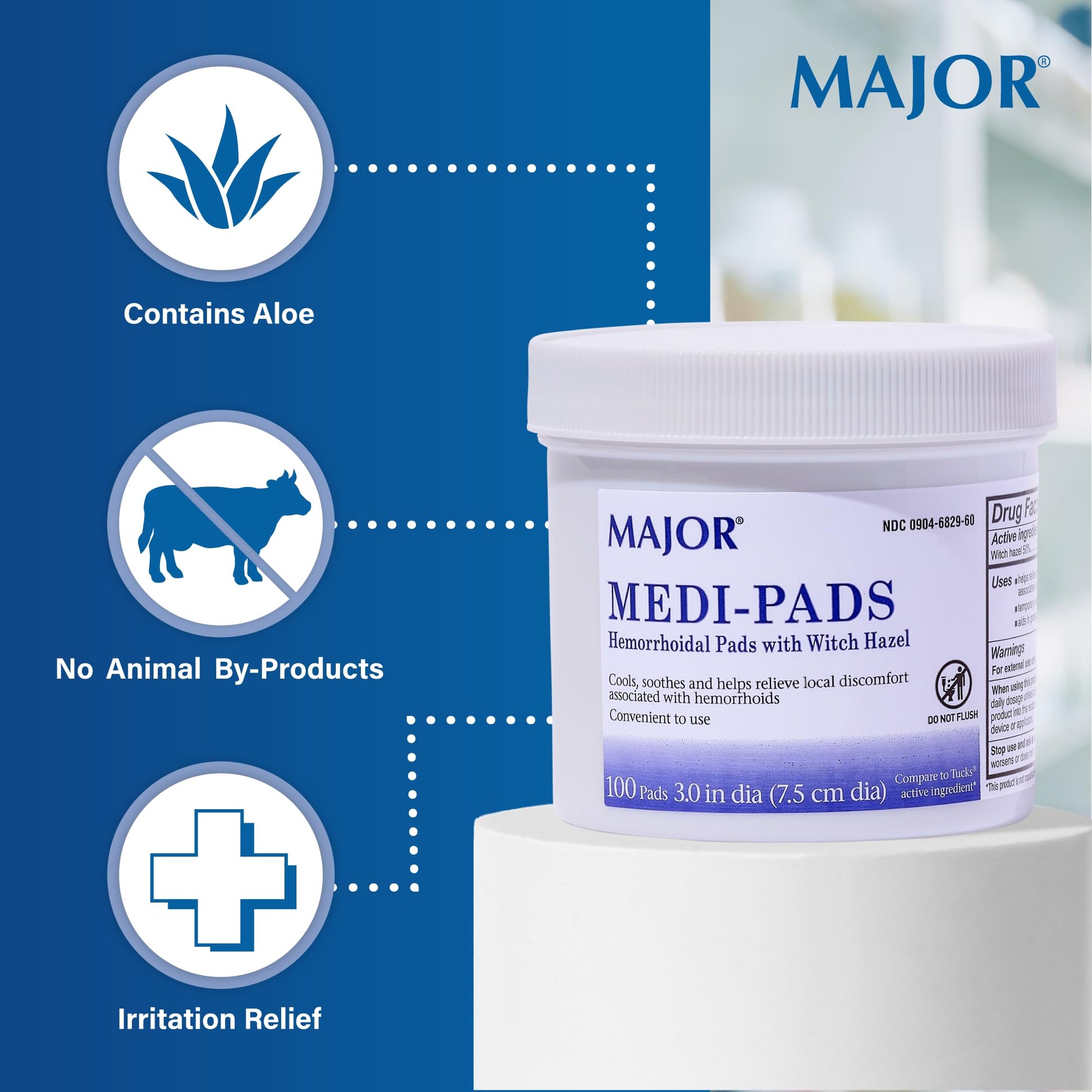 MAJOR Medi-Pads - Hemorrhoidal Hygienic Cleansing Witch Hazel Pads - Cooling Relief with Aloe - 100 Count Jar (2 Pack) MAJOR Au supplements