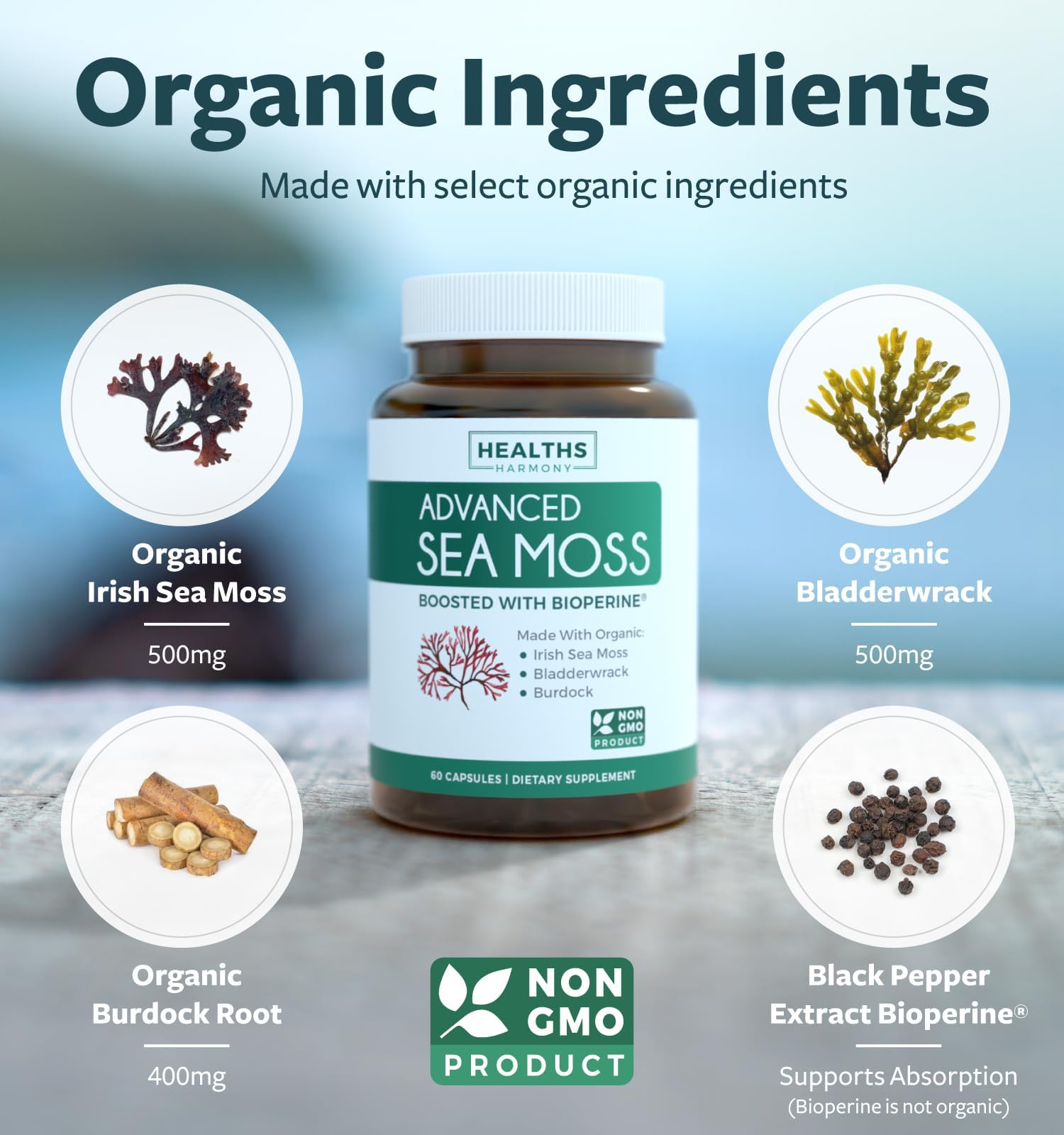 Organic Irish Sea Moss Capsules - Organic Sea Moss Capsules with Bladderwrack Burdock Root and Black Pepper Extract for Enhanced Absorption - Vegan Non-GMO & Made in the USA (1 Month Supply) Healths Harmony Au supplements