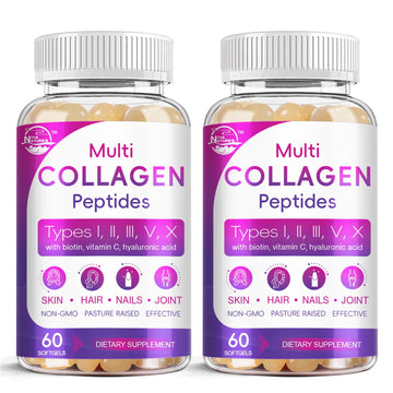 Multi Collagen Peptides Softgel - Type I, II, III, V, X - Hydrolyzed Collagen Peptides with Biotin, Vitamin C, Hyaluronic Acid, Supports Skin Hair Nail