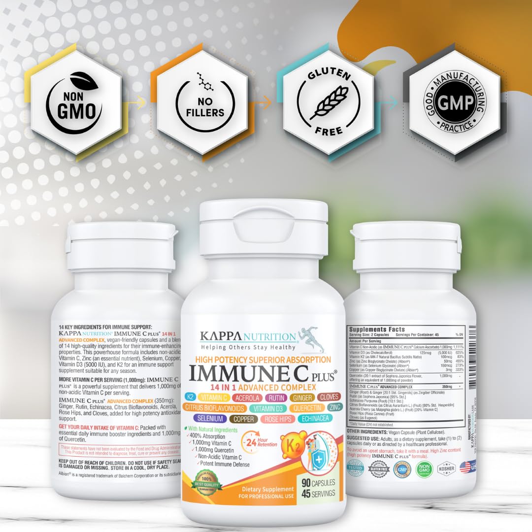Quercetin 1,000mg, Vitamin C 1,000mg, Zinc 50mg, Vitamin D3 5,000iu, Selenium, Copper, Acerola, Ginger, Rutin, Bitter Orange, Rose Hips, Echinacea, Immune C Plus, 14 in 1 Immune C Plus (120 Count) KAPPA NUTRITION Au supplements