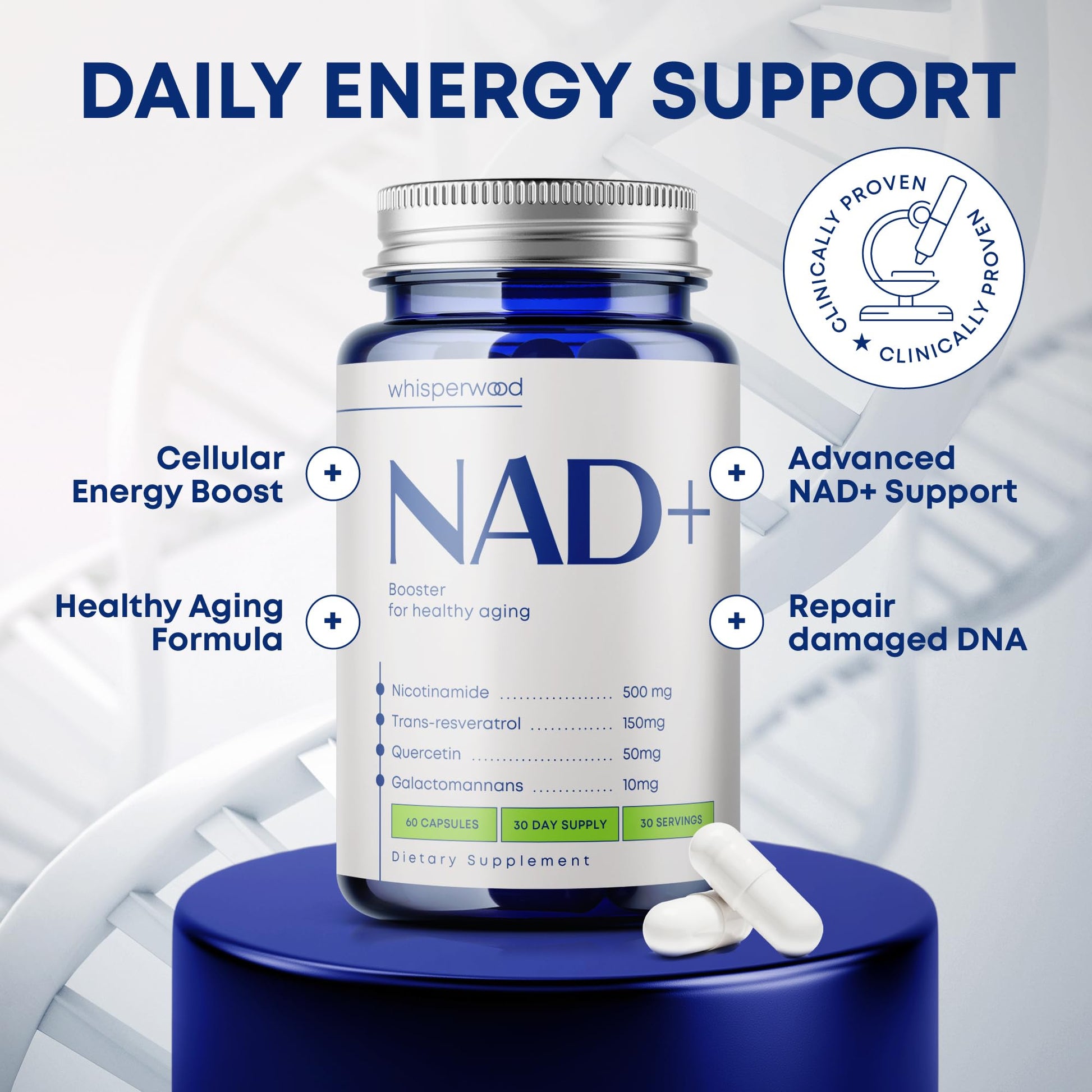 NAD+ Supplement with Nicotinamide Riboside, Trans Resveratrol & Quercetin – NAD Plus Complex for Energy, Brain & Mitochondrial Support – Antioxidant and Longevity Formula for Women & Men – 60 capsules WHISPERWOOD Au supplements