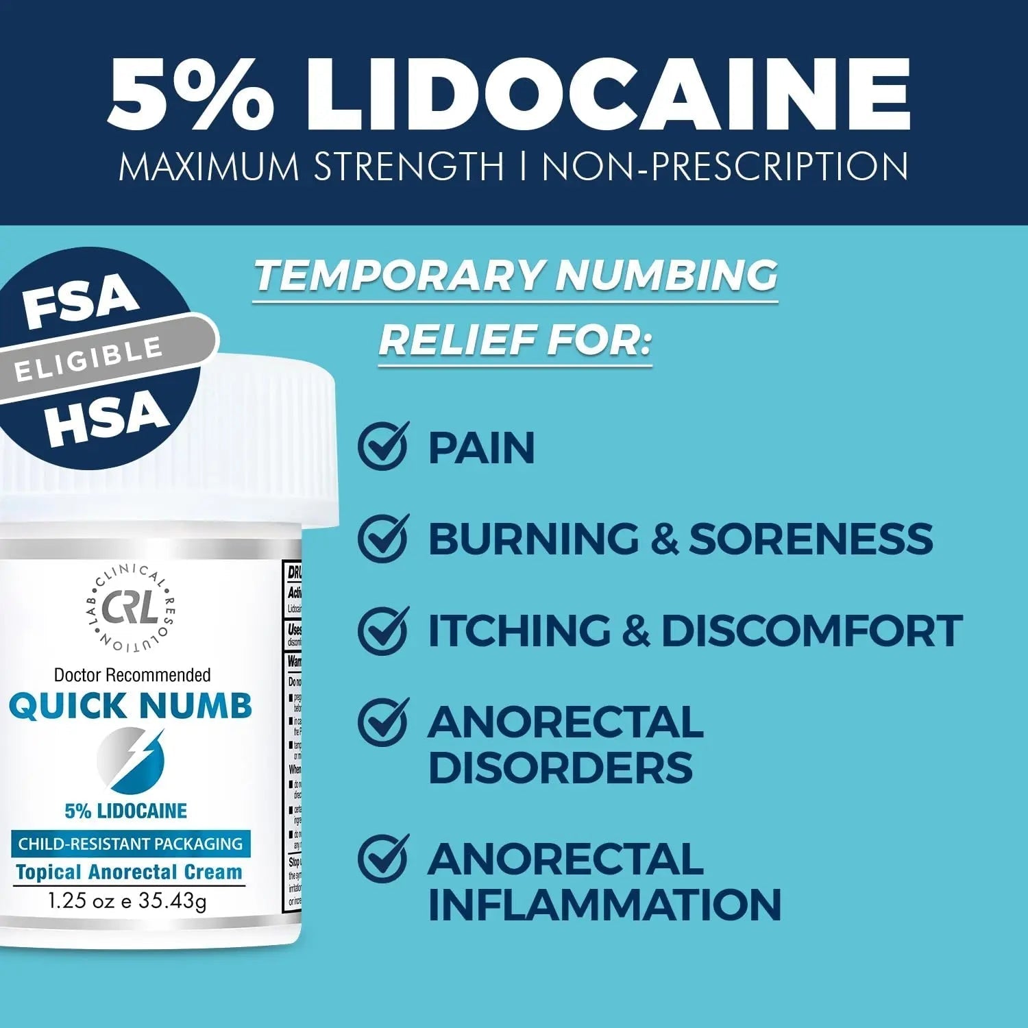 Quick Numb 5% Lidocaine Cream Maximum Strength Liposomal, Fast Itch Burn Pain Relief Cream with Aloe Allantoin Vitamin E, Gentle on Skin Support Healing Hemorrhoid Treatment 1.25 oz Clinical Resolution Au supplements