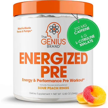 Genius Energized Pre Workout Powder – Caffeine Infused Pre-Workout Booster Supplement with Beta Alanine & Alpha GPC, No Artificial Sweeteners or Dyes - 200mg Caffeine, 20 Servings, Sour Peach Rings The Genius Brand Au supplements