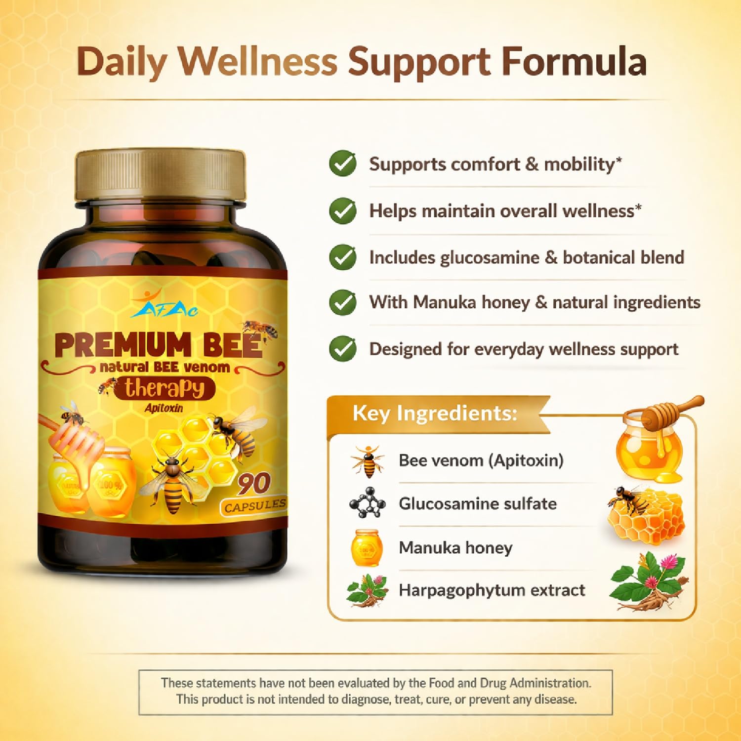 VITAMISAN Premium Natural Bee Venom with glucosamine sulfate Veneno Abeja 90 Capsulas Apitoxin Manuka Honey Dietary Supplement VITAMISAN Au supplements