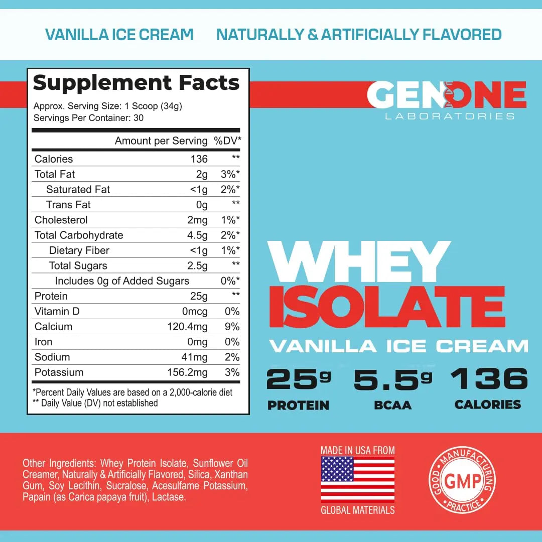 GenOne Whey Protein Powder Isolate, 25g Protein and 5.5g BCAAs per Serving, Vanilla Ice GENONE LABORATORIES Au supplements