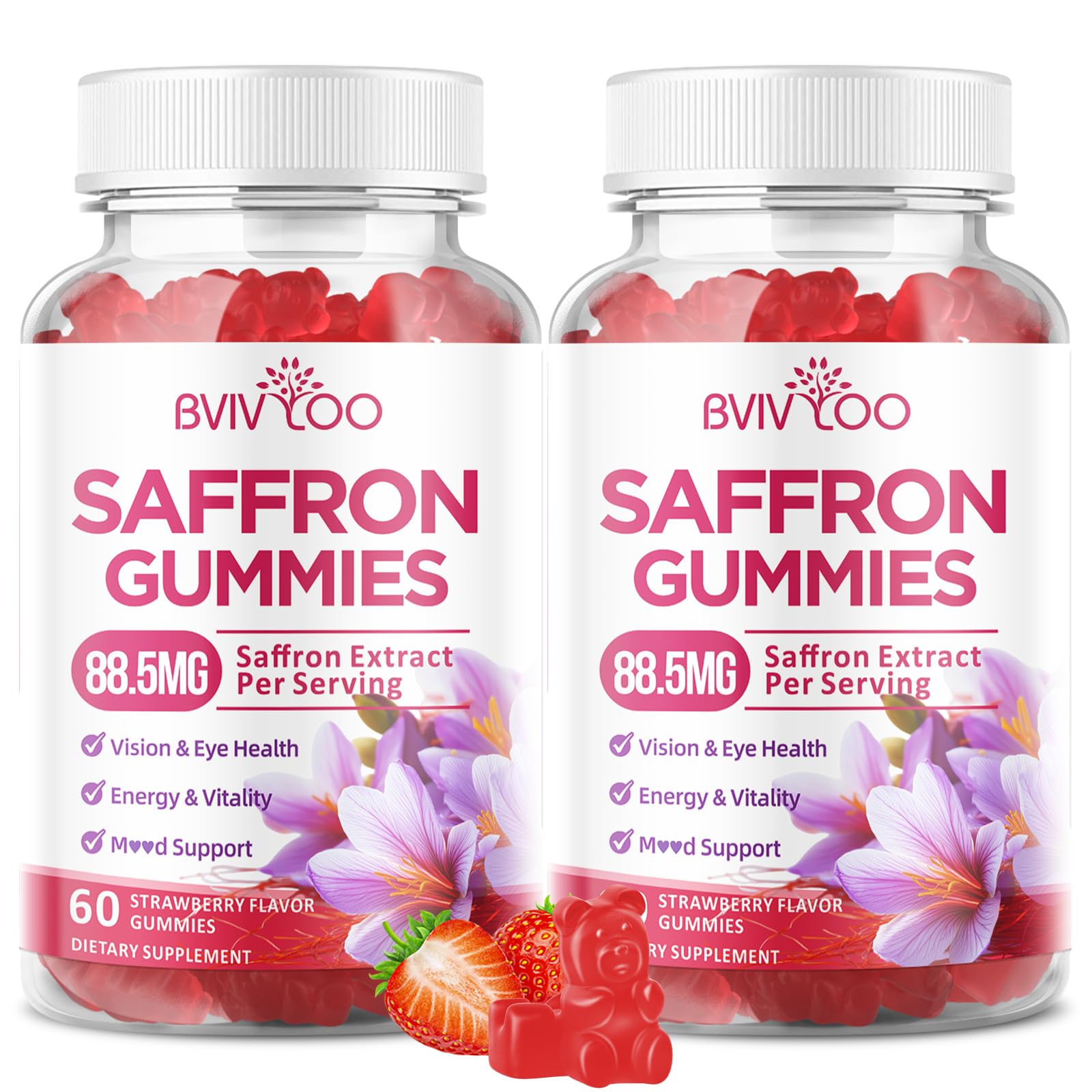 Saffron Gummies for Adult Kids, 10-IN-1 Formula with Saffron 88.5mg, Vitamins D3 & B6, Magnesium, Zinc, Ashwagandha, L-Theanine, St. John's Wort - Supports Mood & Focus, Strawberry Flavor, 60 Count BVIVLOO Au supplements