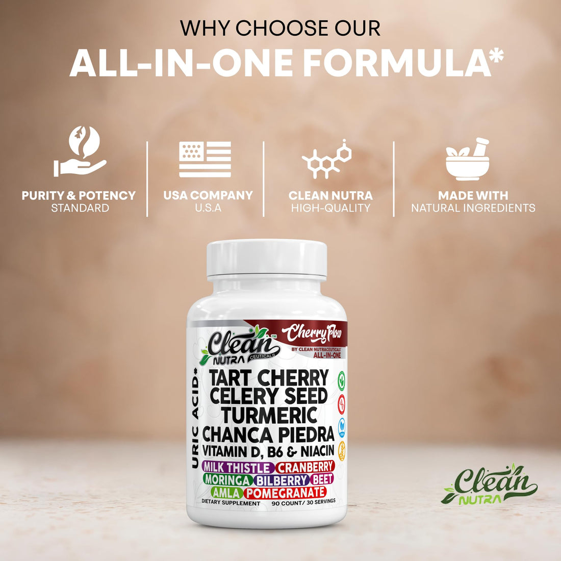 Cherry Flow Tart Cherry Capsules Uric Acid Support Celery Seed Turmeric Chanca Piedra Vitamin D Vitamin B6 Niacin Milk Thistle Moringa Extract Pomegranate Beets 90 Count By Clean Nutra Clean Nutraceuticals Au supplements