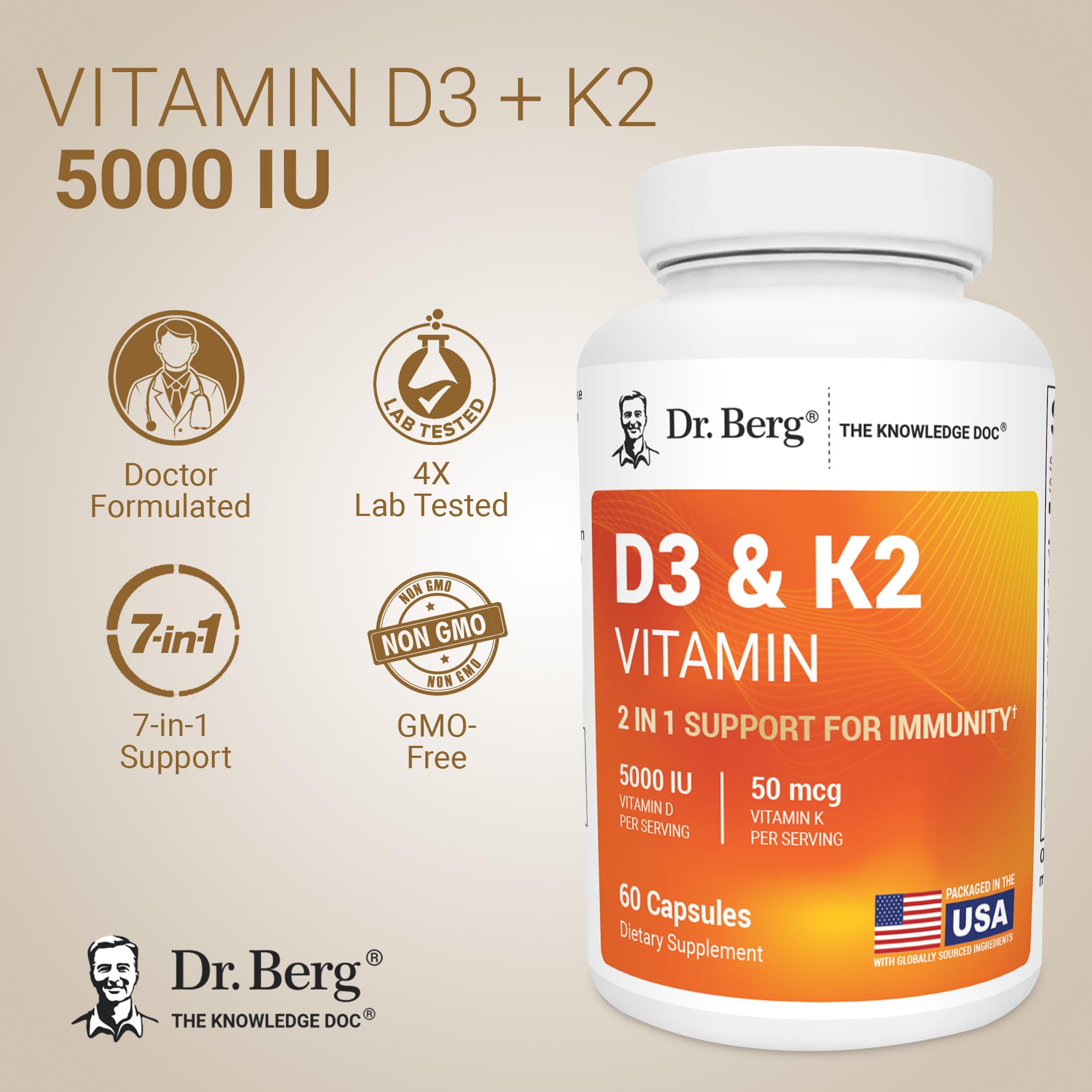 Dr. Berg Vitamin D3 & K2 5,000 IU + MK-7 – 60 Capsules – Immune, Bone & Heart Support* Supplement w/Magnesium, Zinc, B6 – 4X Lab-Tested – No Fillers – Non-GMO, cGMP, Formulated in USA Dr. Berg Nutritionals Au supplements