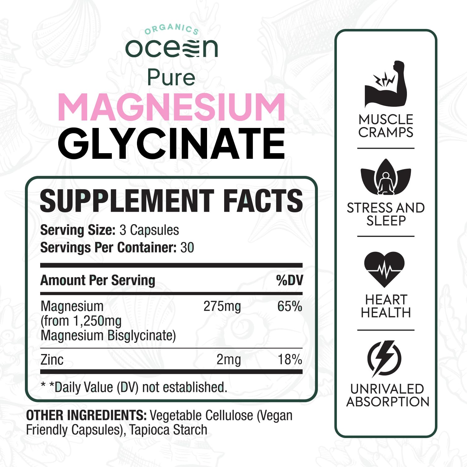 Organics Ocean Pure Magnesium Glycinate with Zinc - Maximum Strength Chelated Magnesium Supplement for Women and Men for Muscle Cramps and Sleep Support - 3 Bottles Organics Ocean Au supplements