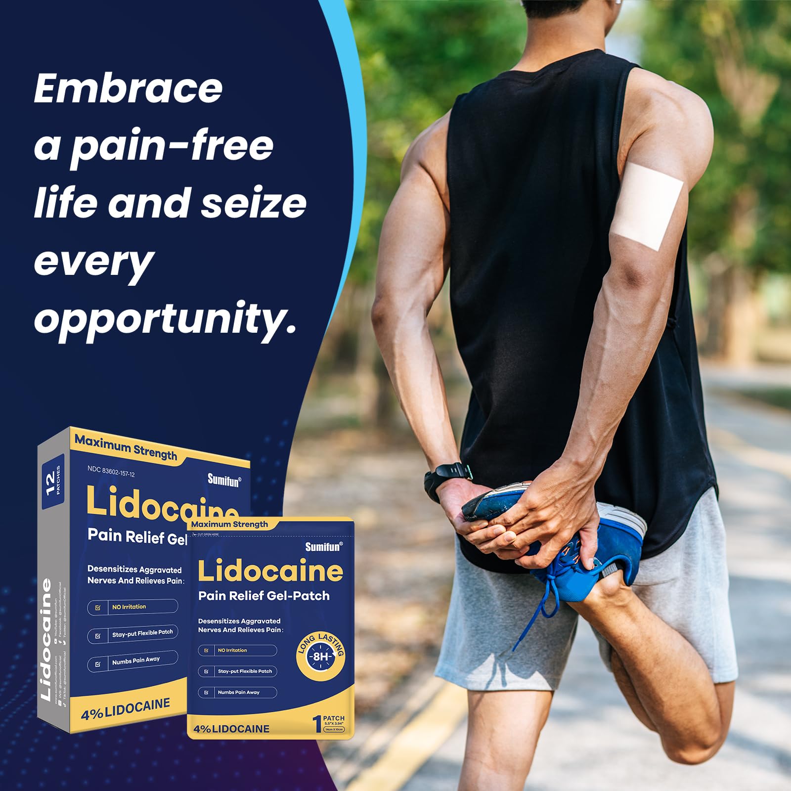 Sumifun 4% Lidocaine Patches Maximum Strength - 12 Count Pain Relieving Gel Patch for Muscle Soreness, Back Ache, Knee, Neck & Joint Pains - Topical Analgesic (Large, Count, 12) Sumifun Au supplements