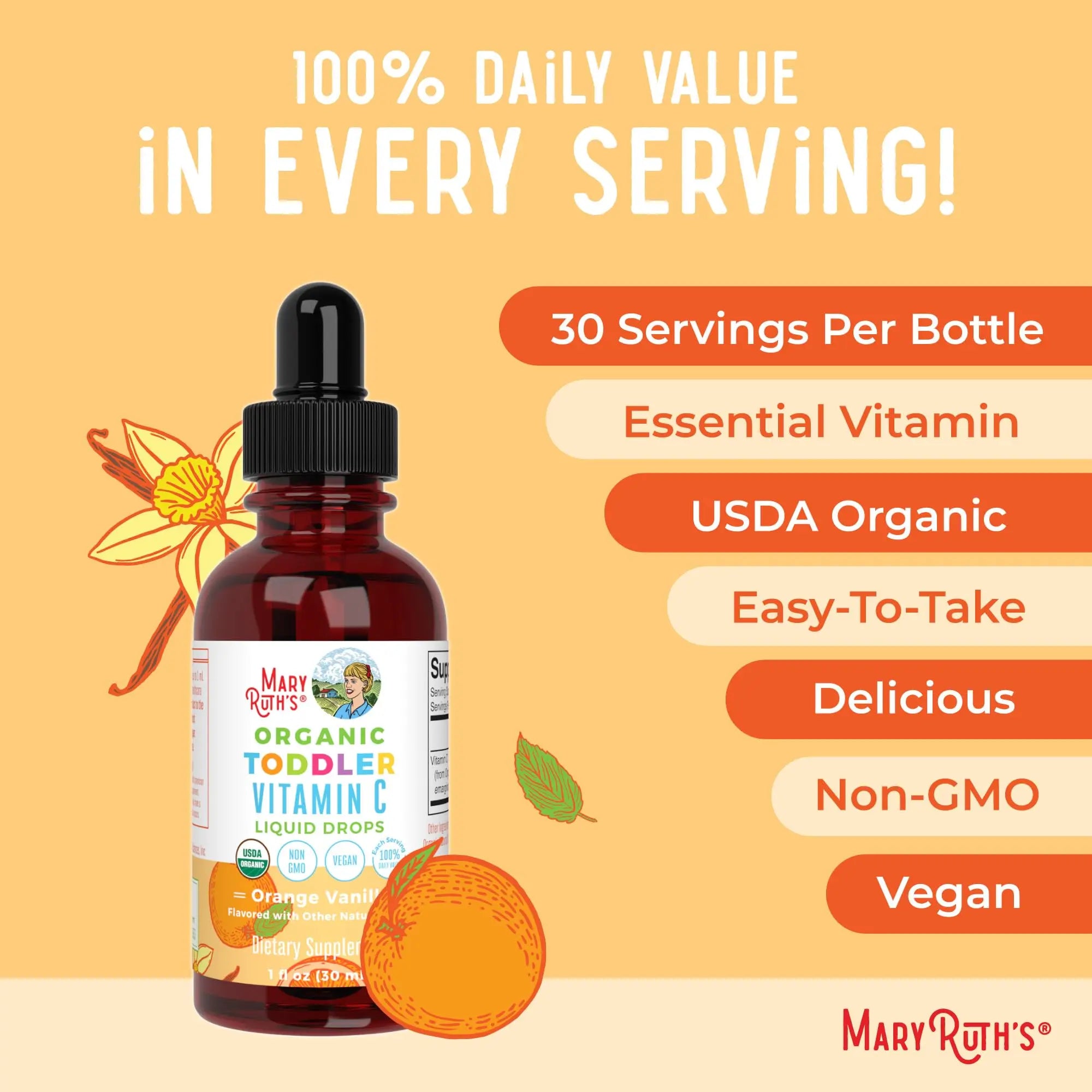 MARYRUTH'S Organic Toddler Vitamin C Drops for Immunity | Ages 1-3 Years | 15 mg Per Serving | Vitamin C for Immune Support & Overall Health | Vegan | Sugar Free MARYRUTH'S Au supplements