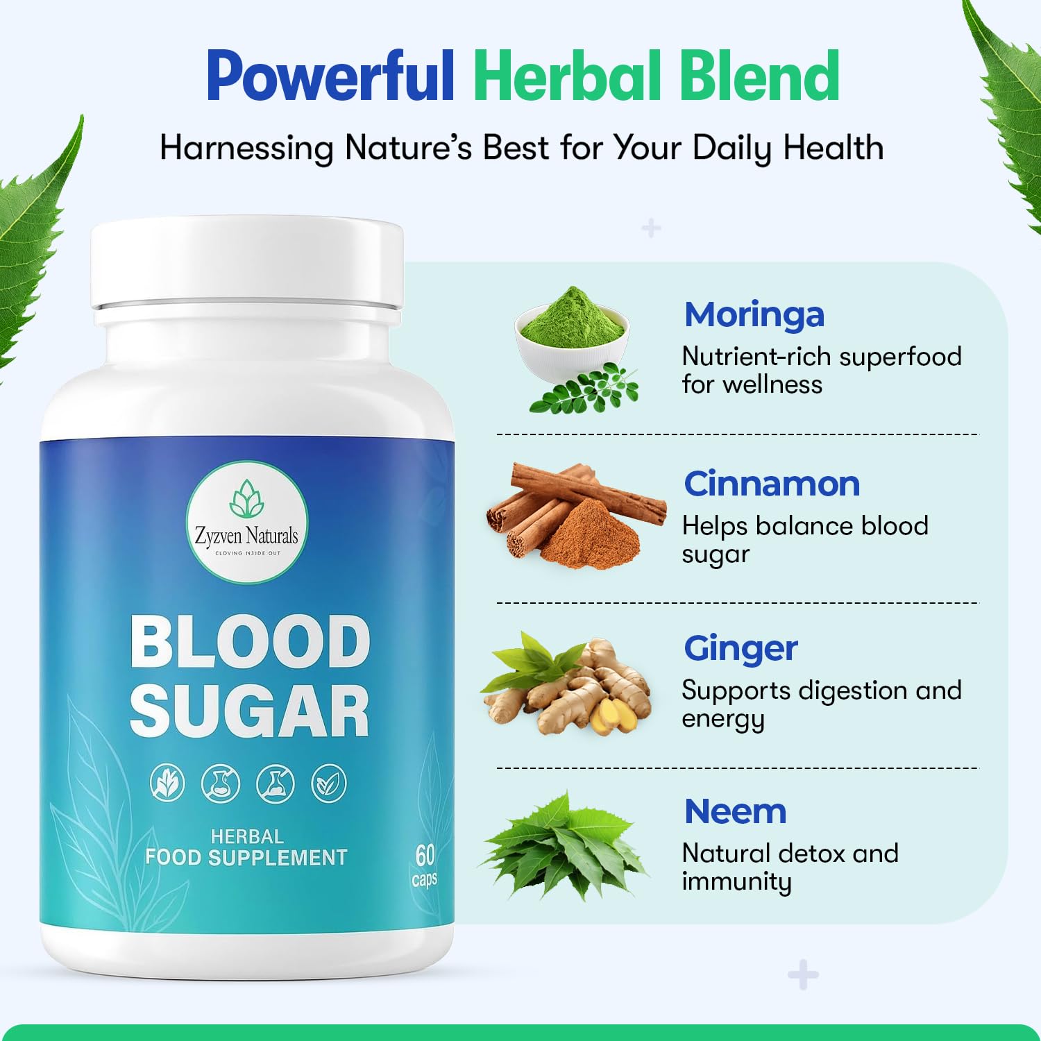 Zyzven Naturals Blood Sugar Support Supplement – 60 Vegan Capsules | Herbal Supplement with Moringa, Cinnamon, Ginger, Neem & Fenugreek | Plant-Based Wellness Supplement - Serving: 2 Capsules/Day Zyzven Naturals Au supplements