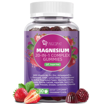 Migcopat Magnesium Complex Gummies, 20 in 1 Magnesium Gummy with Glycinate Citrate Malate Taurate - Ashwagandha, L-Theanine, D3&Zinc for Relaxation, Sleep, Muscle&Heart Support, Strawberry, 60 Cts Migcopat Au supplements