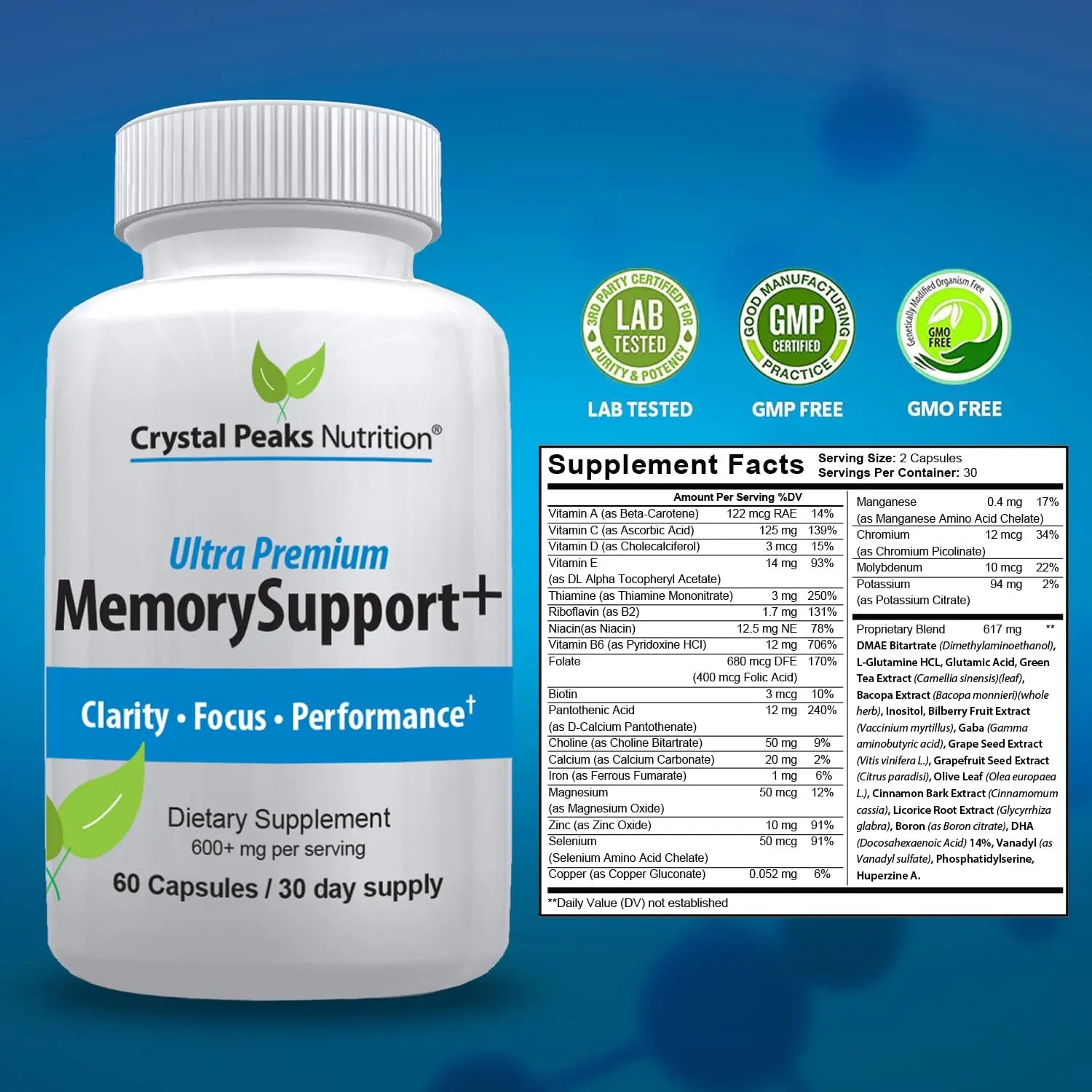 Memory Boost + Brain Support Supplement – Nootropic for Focus, Concentration, Memory. Enhanced Energy, Recall and Alertness - 60 Capsules/30-day Supply. CRYSTAL PEAKS NUTRITION Au supplements