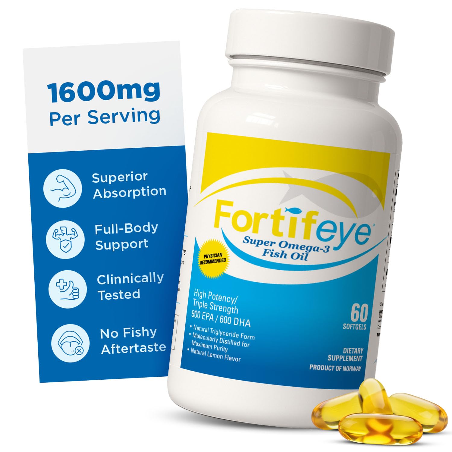 Omega 3 Fish Oil 60Count 1600 mg Made in Norway - High Potency Fish Oil Omega 3 Supplements Triglyceride Form with EPA and DHA Supplements for Women and Men No Fishy After Taste Natural Lemon Flavor Fortifeye Vitamins Au supplements
