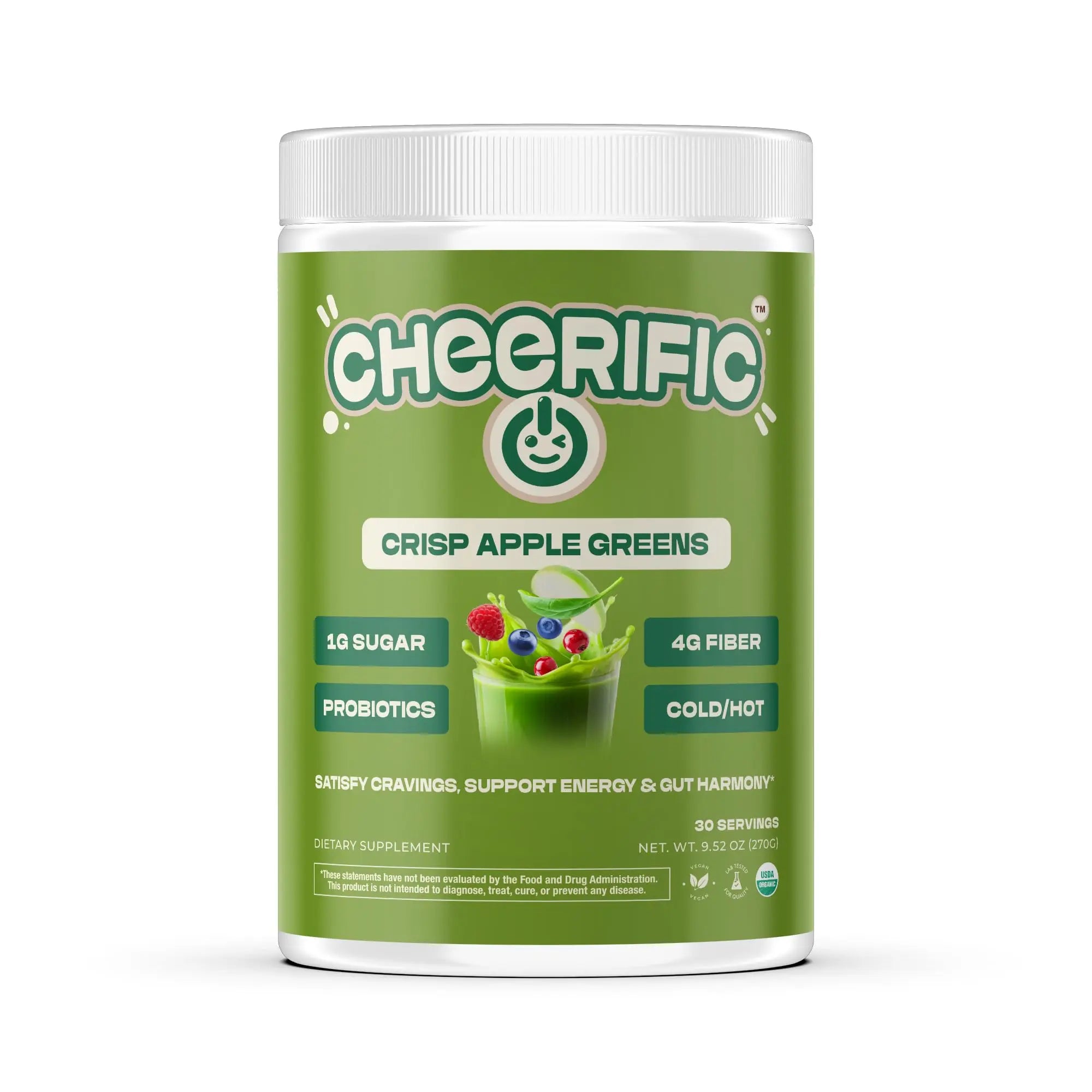 Cheerific Crisp Apple Greens Superfood Powder - 20+ Organic Superfoods + Prebiotic & Probiotics + More - Keto Friendly - Supports Positive Mood, Gut Health - Vegan, Gluten Free, Non-GMO - 30 Day Cheerific Au supplements