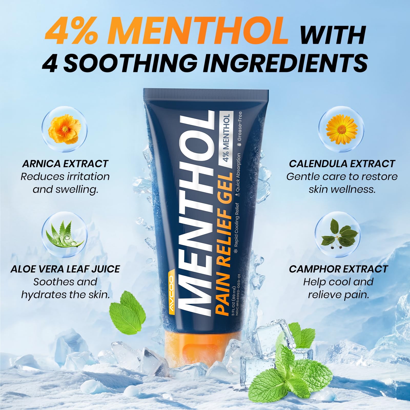 AVCOO 4% Menthol Pain Relief Gel, Cooling Sensation for Arthritis, Knees, Joint, Sore Muscle, Neck, Shoulder and Lower Back Pain Relief, Grease-Free Gel, 2 Packs (3 OZ Per Pack) AVCOO Au supplements