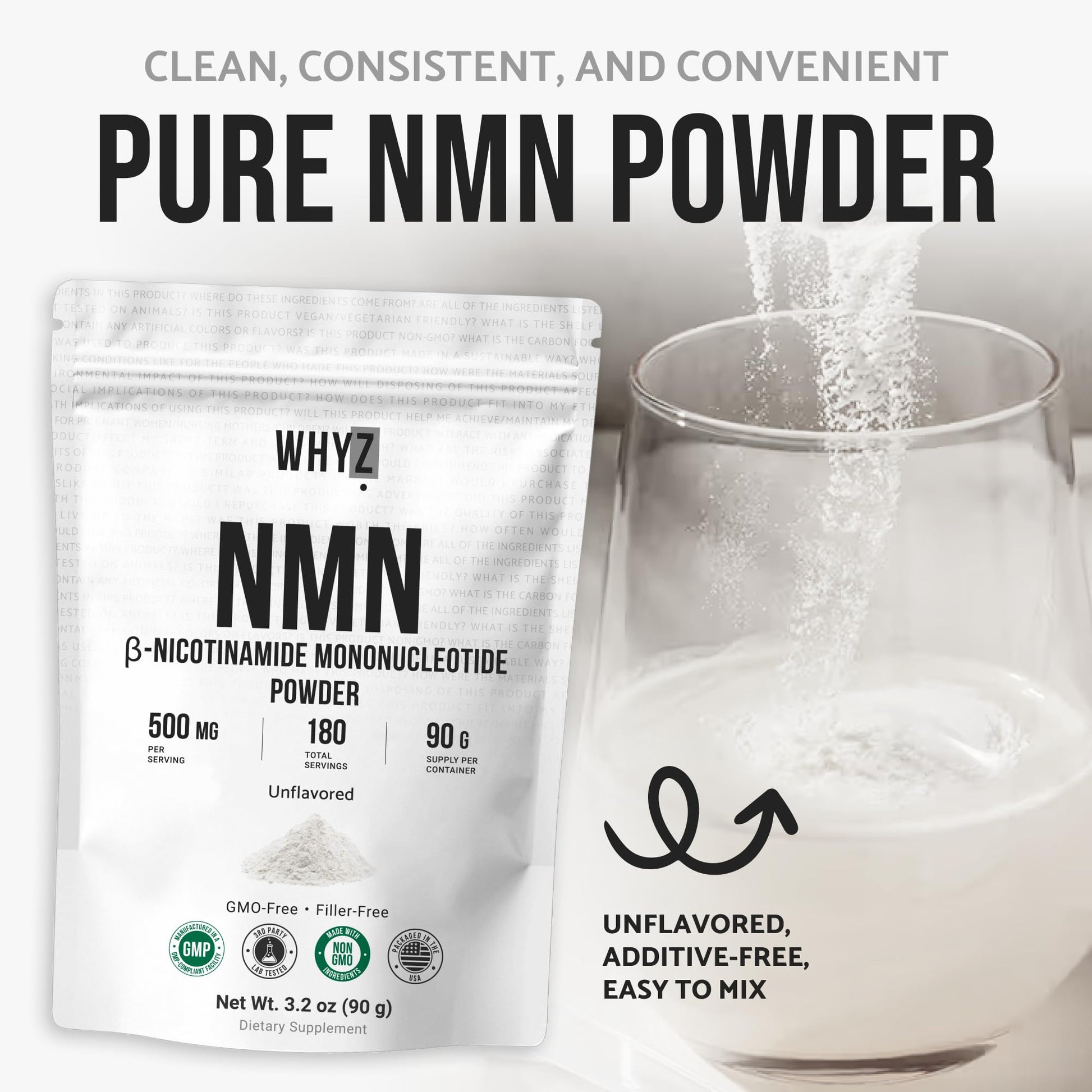 Pure NMN Powder Nicotinamide Mononucleotide Quick Dissolved NMN Supplement Powder 100% Unflavored NMN Supplement Supports NAD+ Levels Vegan Friendly Non-GMO, 90g WHYZ Au supplements