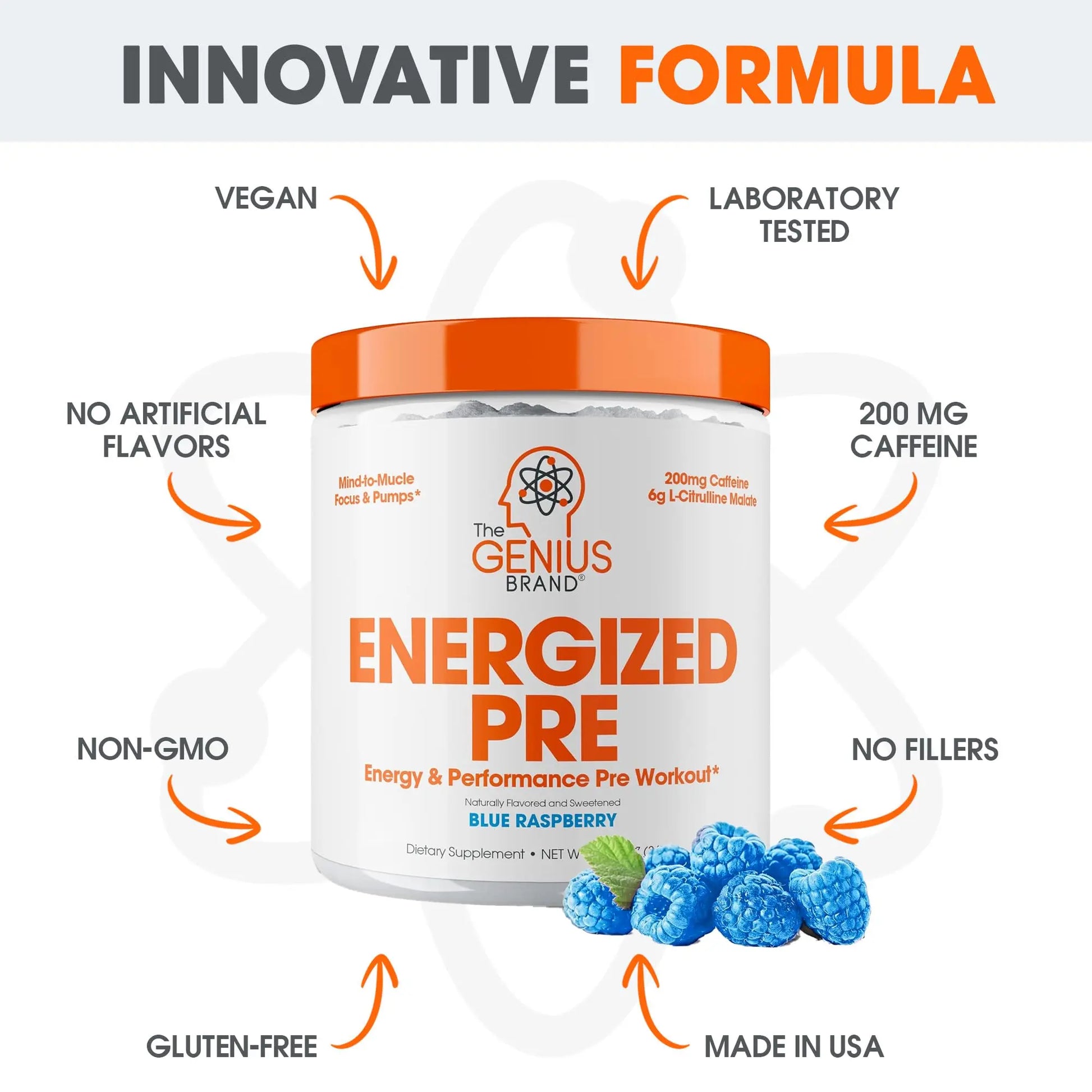 Genius Energized Pre Workout Powder – Caffeine Infused Pre-Workout Booster Supplement with Beta Alanine & Alpha GPC, No Artificial Sweeteners or Dyes - 200mg Caffeine, 20 Servings, Blue Raspberry The Genius Brand Au supplements