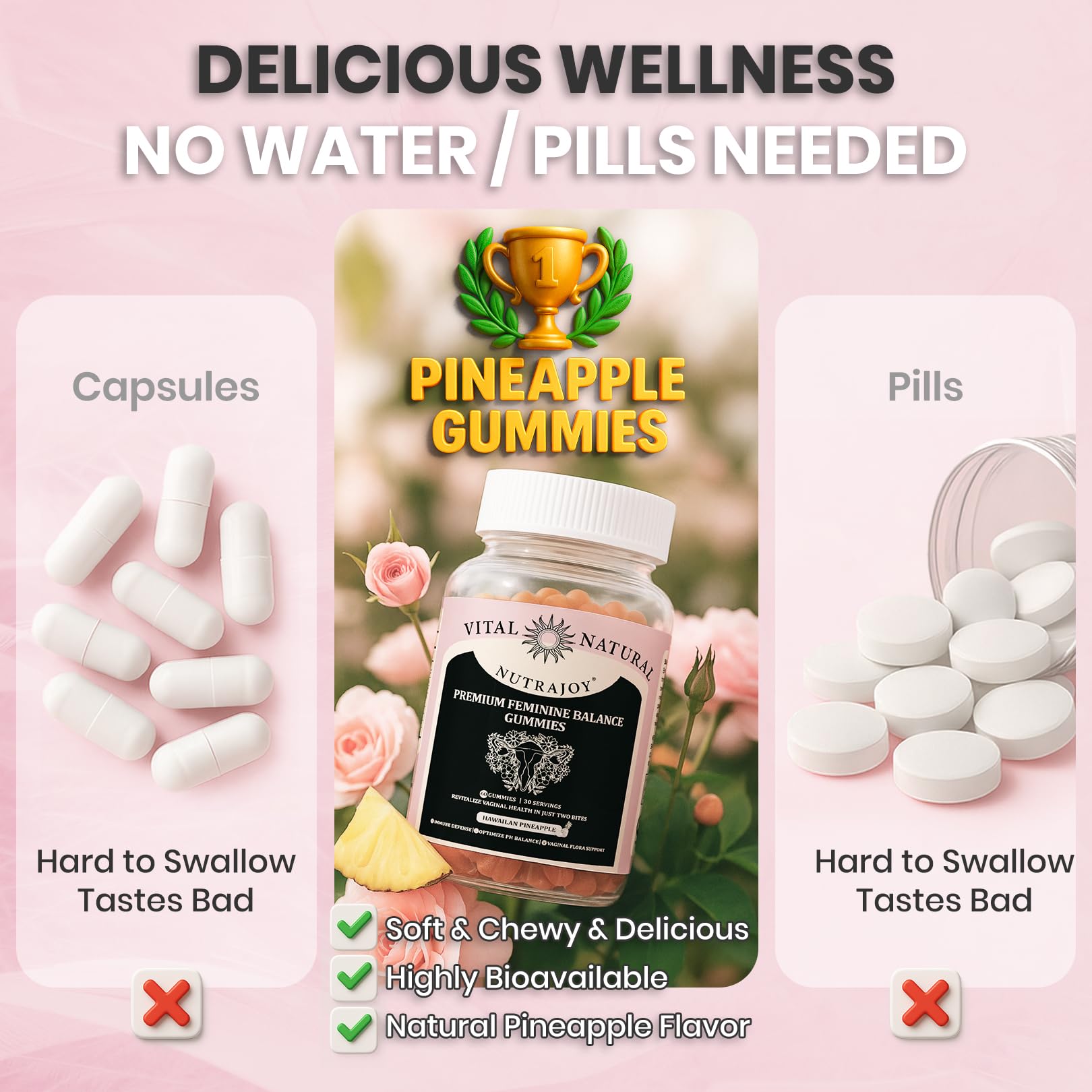 NUTRAJOY Premium Feminine Balance Gummies, for Women's Ph Health, Vaginal Wellness Support, Immune Support, Energy Support, Hawaiian Pineapple, Vegan Gluten-Free, 60 Gummies NUTRAJOY Au supplements