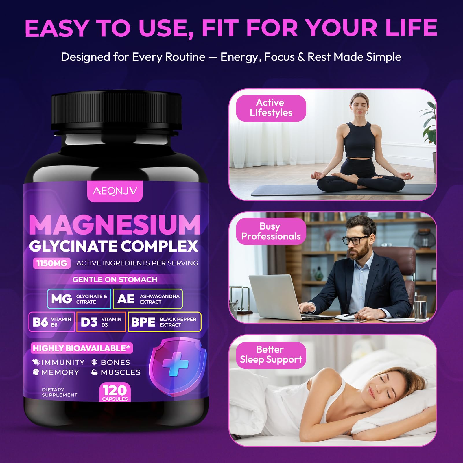 Magnesium Glycinate Complex 1150mg - Gentle on Stomach High Absorption Magnesium Capsules with Citrate, Silica, Ashwagandha & Vitamin B6 for Zzz, Stress Relief, Muscle Support for Adults, Women & Men AEQNJV Au supplements