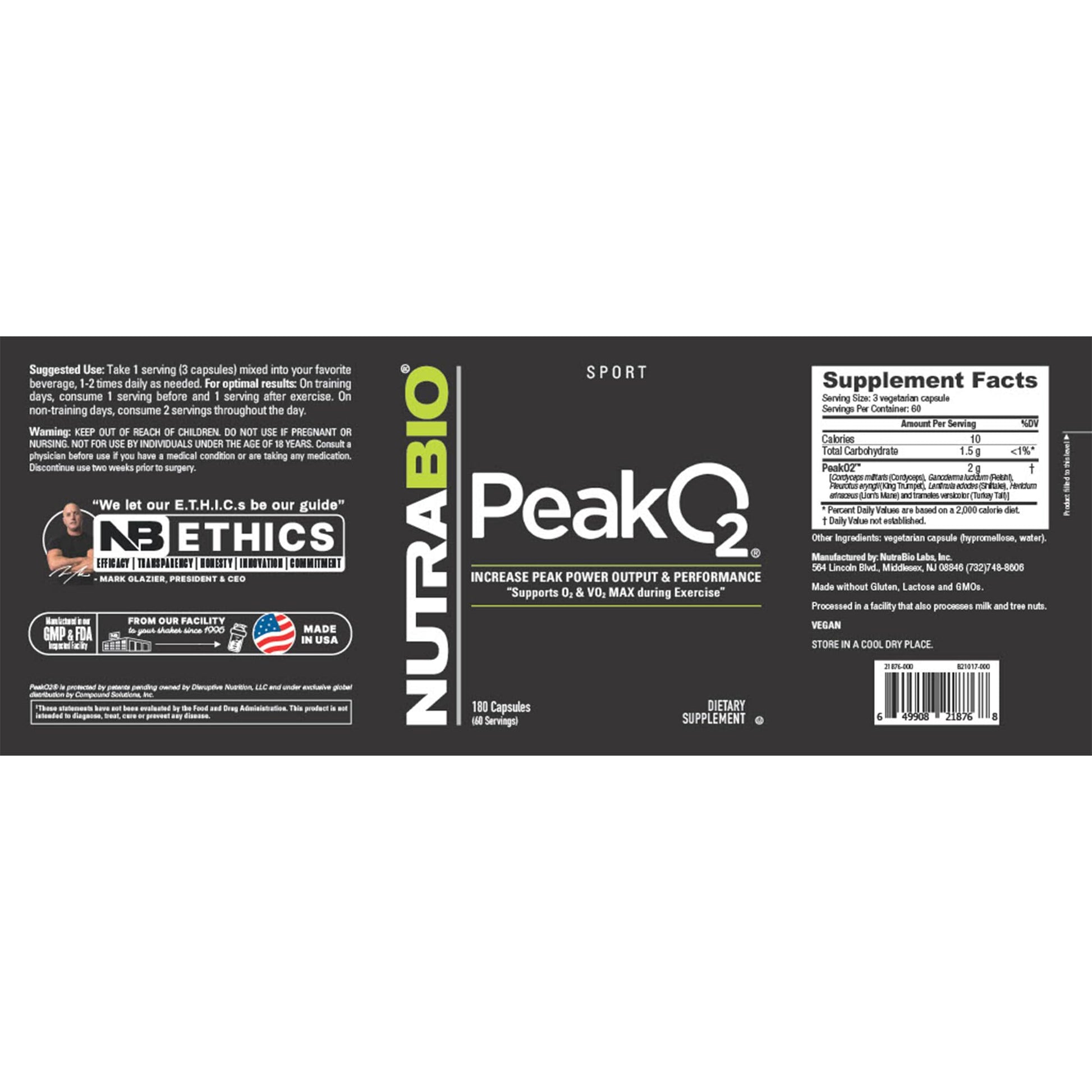 NutraBio PeakO2 Workout Supplement, 180 Capsules - Mushroom Blend Supplement to Help Enhance Athletic Performance and Overall Health, 60 Servings NutraBio Au supplements