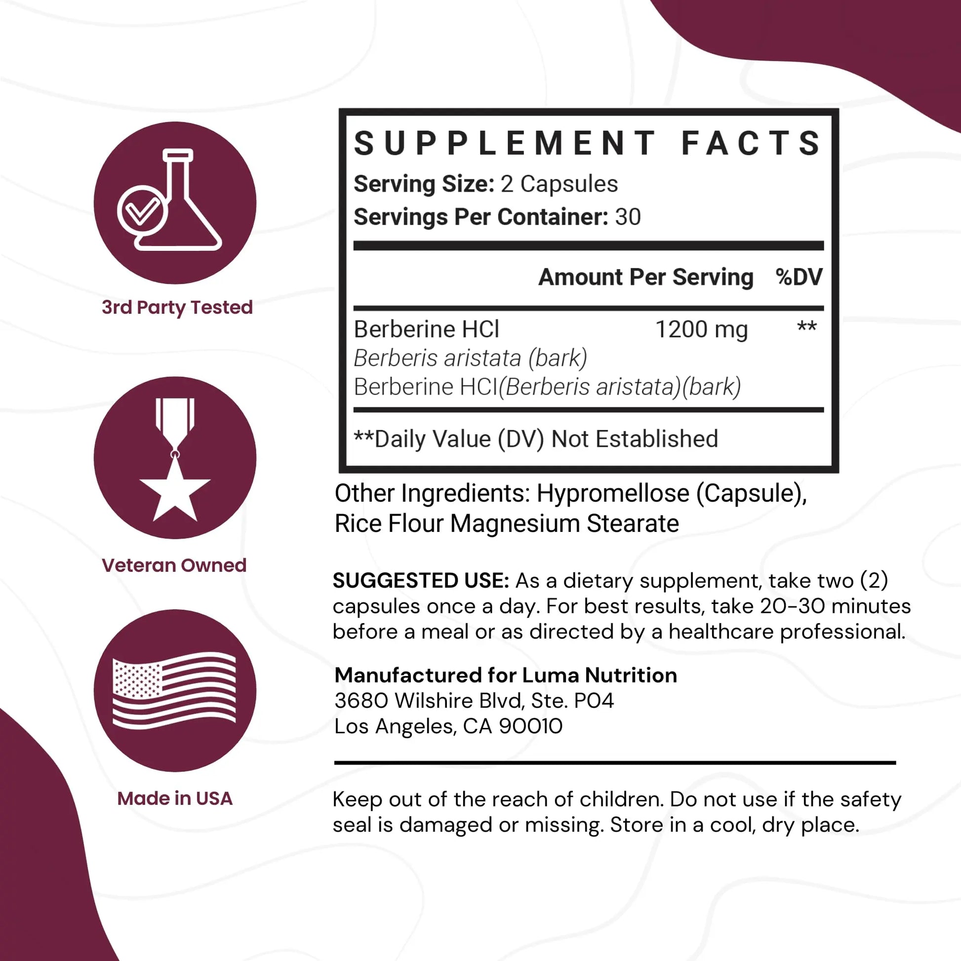 Luma Nutrition Berberine Supplement - Berberine 1200mg Per Serving - Berberine HCI Luma Nutrition Au supplements