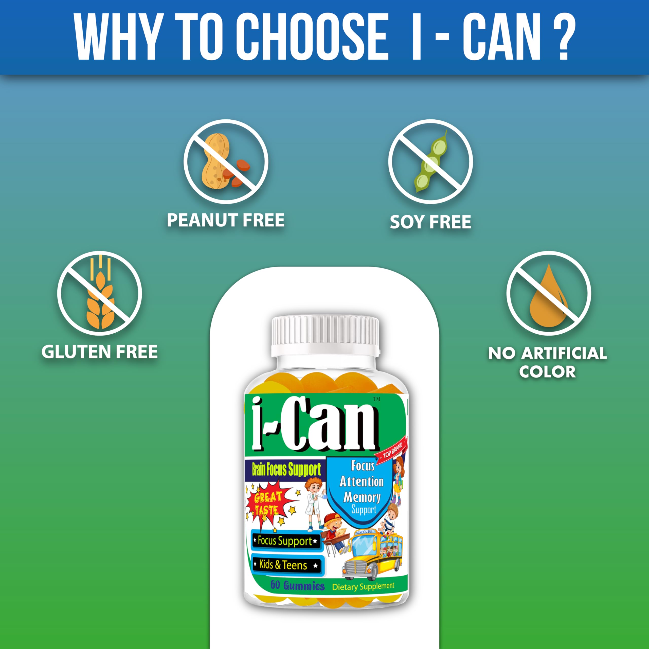 I-Can Focus Gummies for Kids & Teens, Omega 3 Gummies with DHA & EPA, Brain Health, Memory, Attention Support, Teen Brain Focus Vitamins, Non-Fishy Taste, Low Sugar, 60 Count Celebrity LifeStyle Product Au supplements