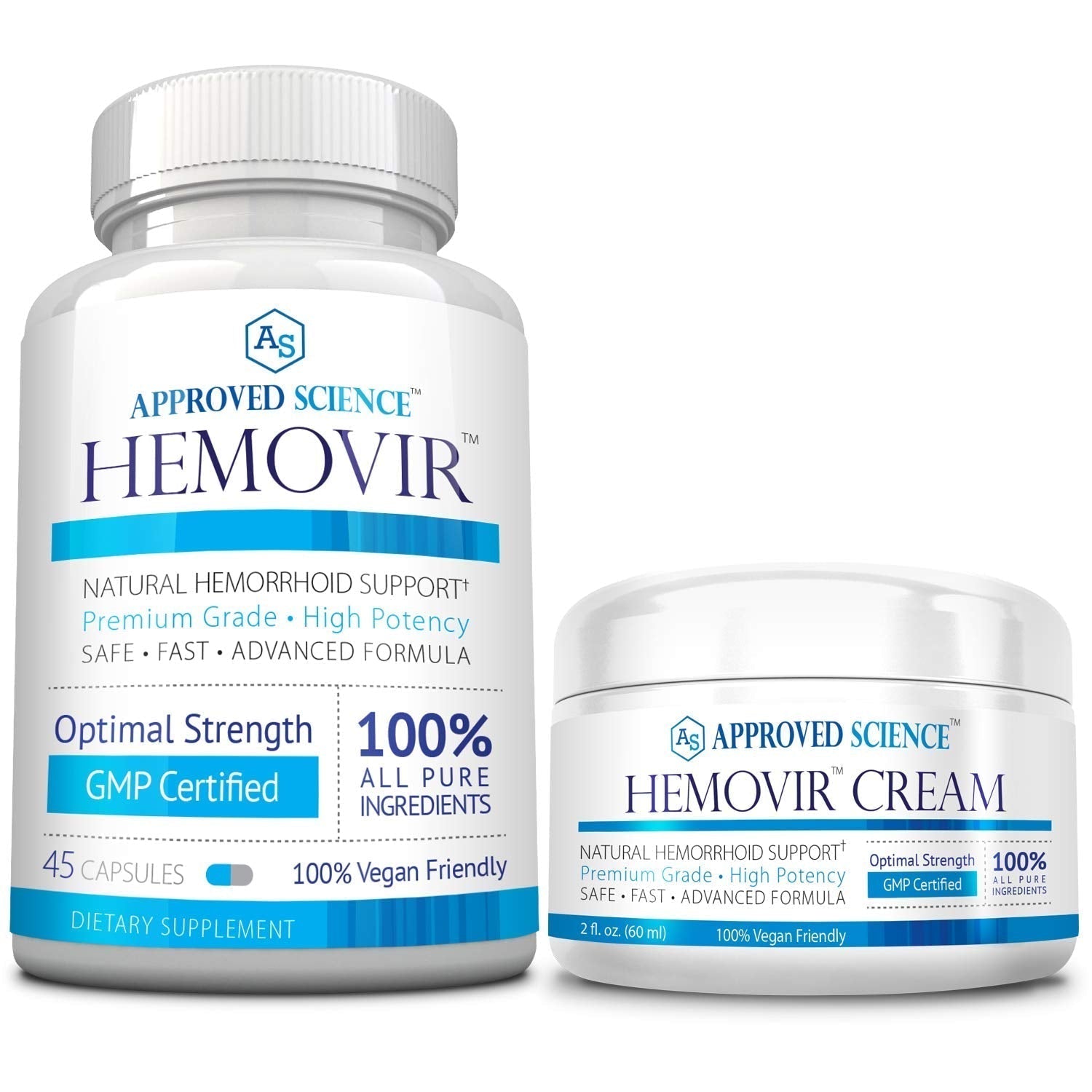 Approved Science Hemovir - Hemorrhoid Capsules and Cream - Dual-Action Stops Itching and Optimizes Blood Flow - Internal and External Care - 45 Capsules + 2 Fl Oz - Vegan - Non GMO - Made in The USA Approved Science Au supplements