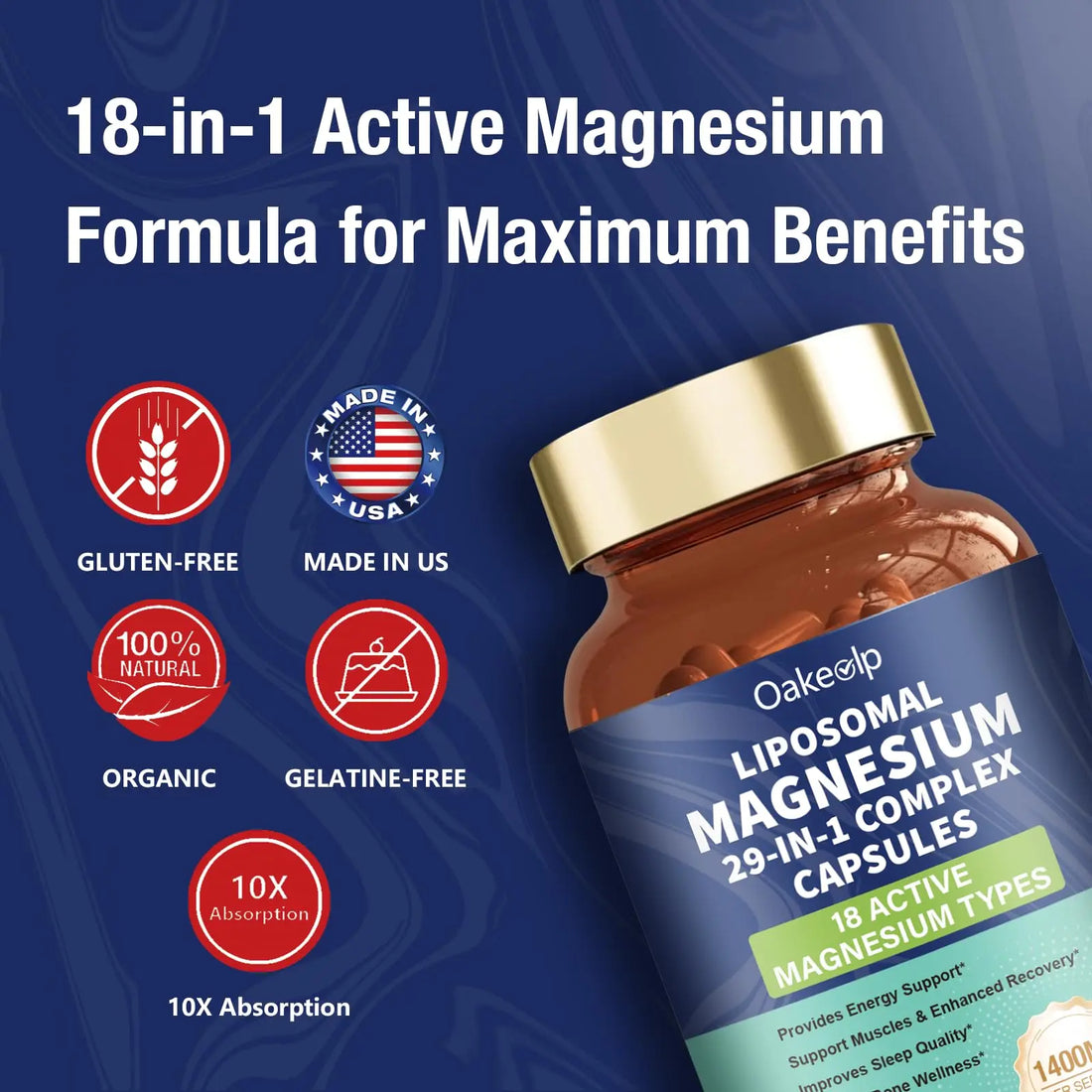 29-in-1 Liposomal 18 Active Types Magnesium Complex 1400MG Capsule,L-Threonate Glycinate Malate etc,Mild & Efficient,Extra Vitamin B6 B12 D3K2 & CoQ10, Relaxation Nerve* & Hert* Support Oakevlp Au supplements
