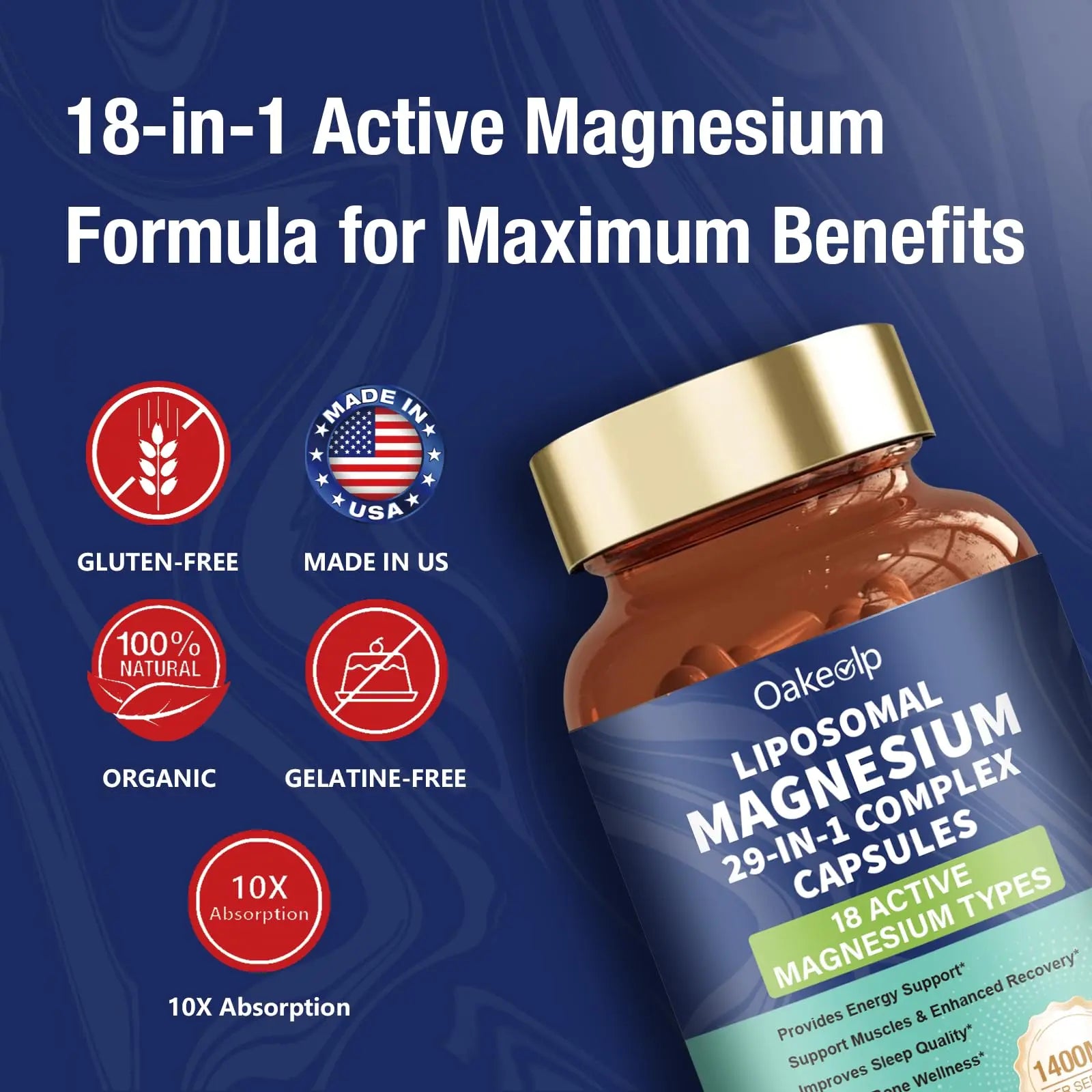 29-in-1 Liposomal 18 Active Types Magnesium Complex 1400MG Capsule,L-Threonate Glycinate Malate etc,Mild & Efficient,Extra Vitamin B6 B12 D3K2 & CoQ10, Relaxation Nerve* & Hert* Support Oakevlp Au supplements