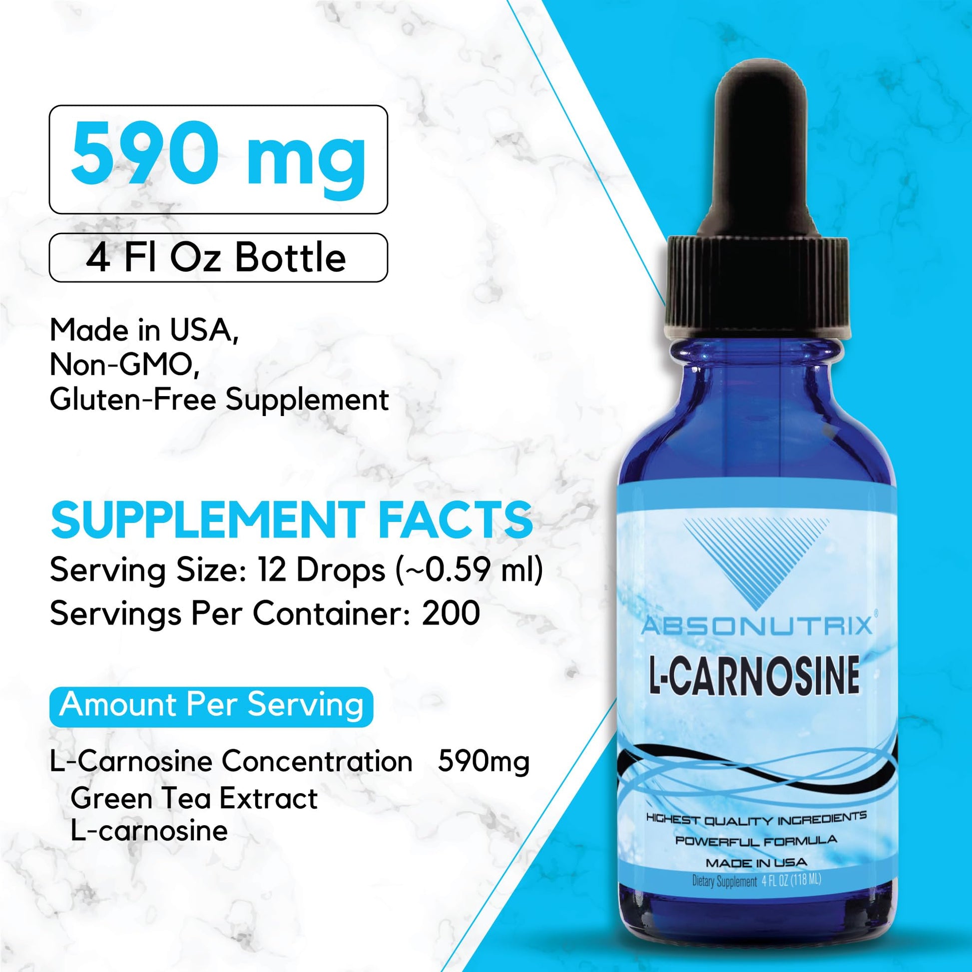 Absonutrix L-Carnosine - 583 mg 4 Oz Bottle, 200 Highly Potent Servings, Easy-to-Consume Drops, High Bioavailability, Third-Party Tested, GMP-Certified, Non-GMO, Cruelty-Free Products, Made in USA Absonutrix Au supplements