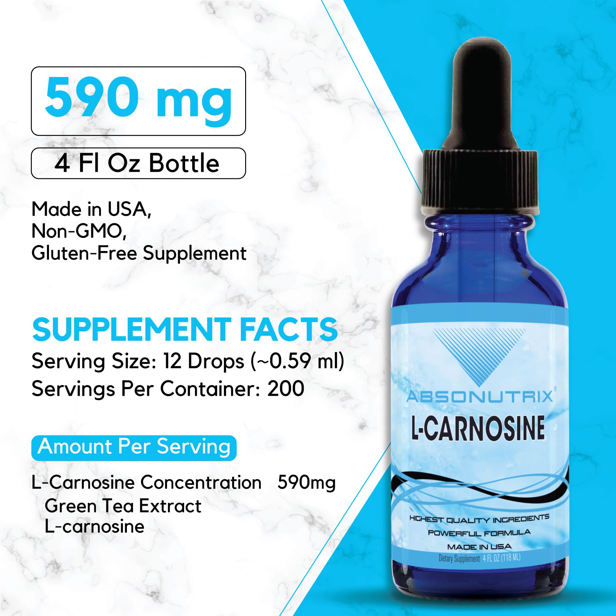 Absonutrix L-Carnosine - 583 mg 4 Oz Bottle, 200 Highly Potent Servings, Easy-to-Consume Drops, High Bioavailability, Third-Party Tested, GMP-Certified, Non-GMO, Cruelty-Free Products, Made in USA Absonutrix Au supplements