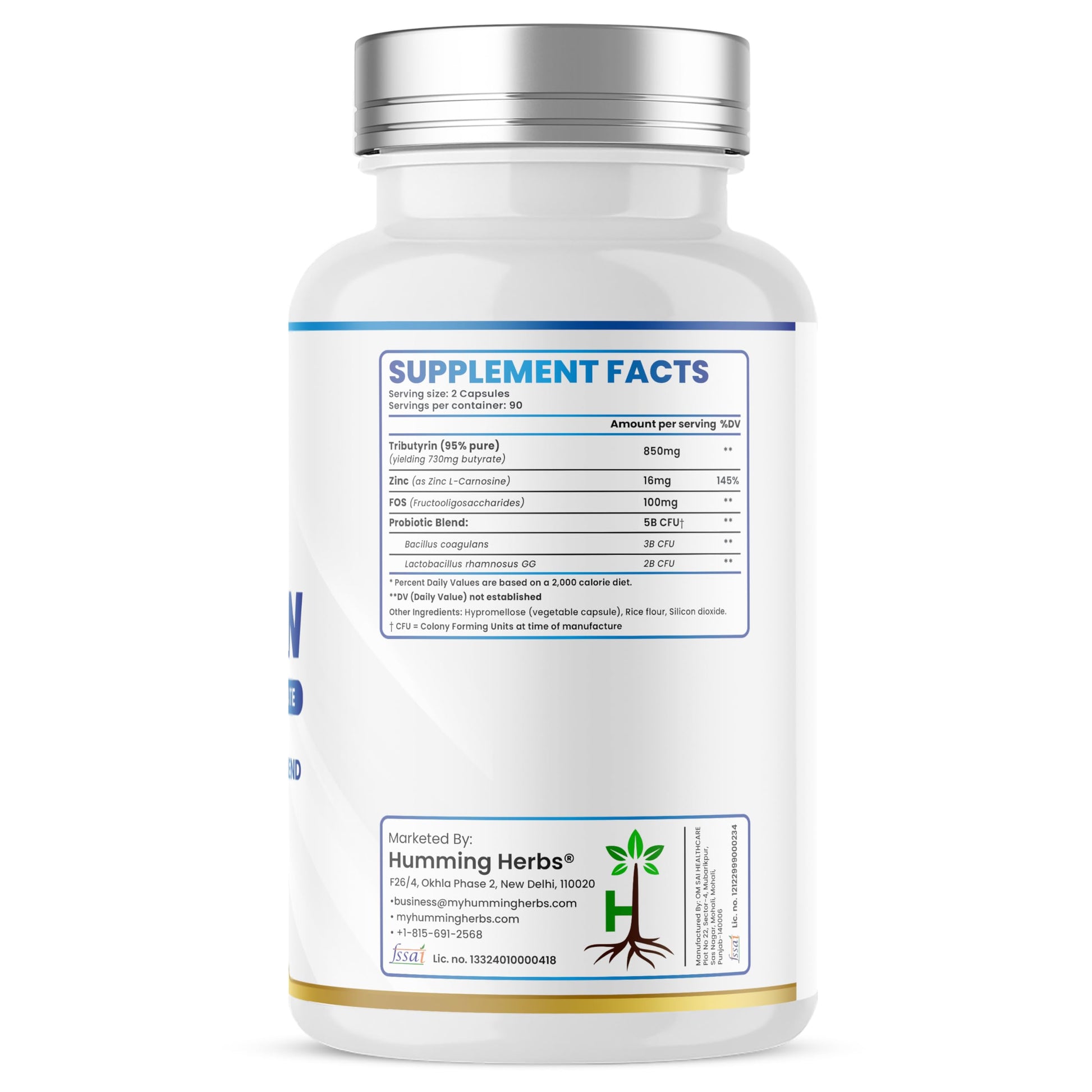 Humming Herbs Tributyrin Complex — 850 mg per Serving (95% Pure, yielding 731 mg Butyrate) with L-Glutamine, Zinc L-Carnosine, FOS & Probiotic Blend (180) Humming Herbs Au supplements