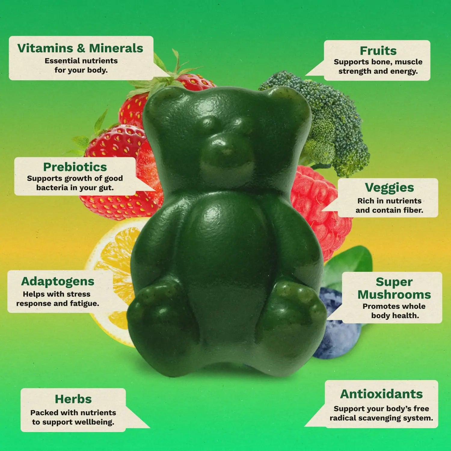 Gruns Adults Super Greens Gummies, Multivitamin Superfood Gummy Bears, Spirulina, Chlorella, Prebiotics & Fiber Gummies for Digestive Health Grüns Au supplements