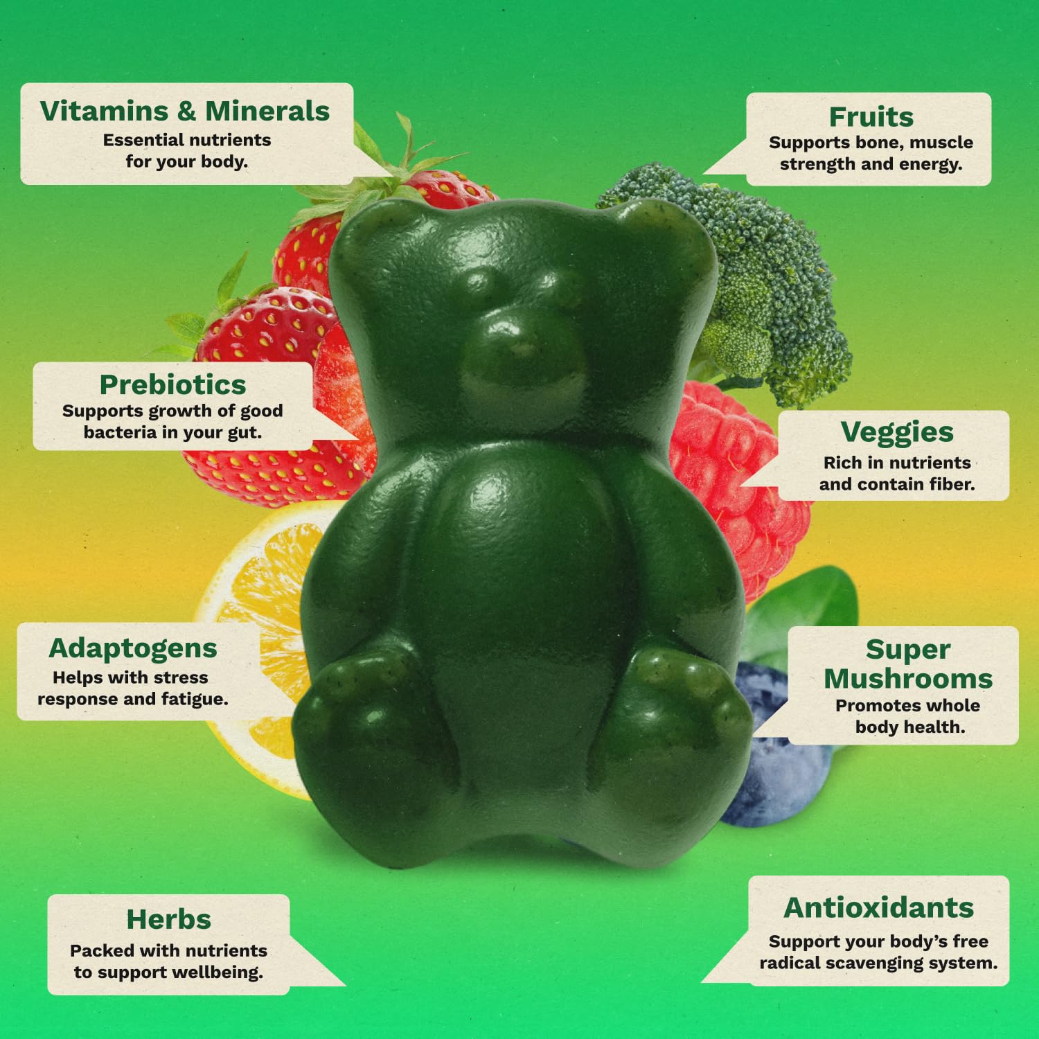 Gruns Sugar-Free Super Greens Gummies, Multivitamin Superfood Gummy Bears, Spirulina, Chlorella, Prebiotics & Fiber gummies for Digestive Health, Adaptogens Supplement, 20 Vitamins & Minerals, 10 pack Grüns Au supplements