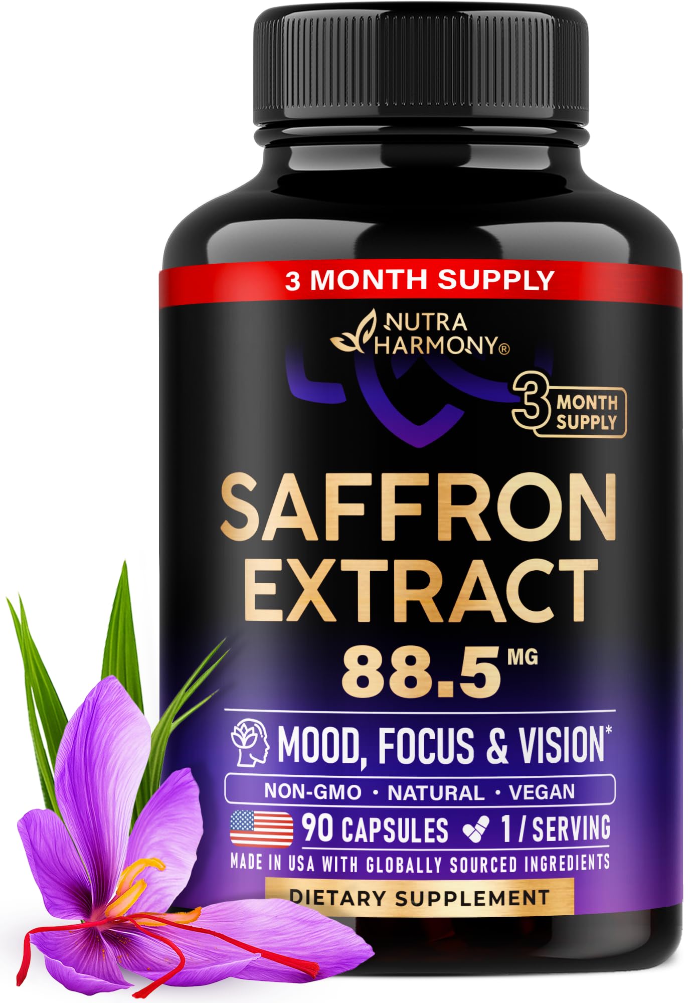 Natural Saffron Supplements - Pure Saffron Extract 88.5 mg - Made in USA - Mood | Focus | Vision | Energy Support - Eye Health for Women & Men - NonGMO Vegan Pills - 90 Powder Capsules, 3 Month Supply NUTRAHARMONY Au supplements