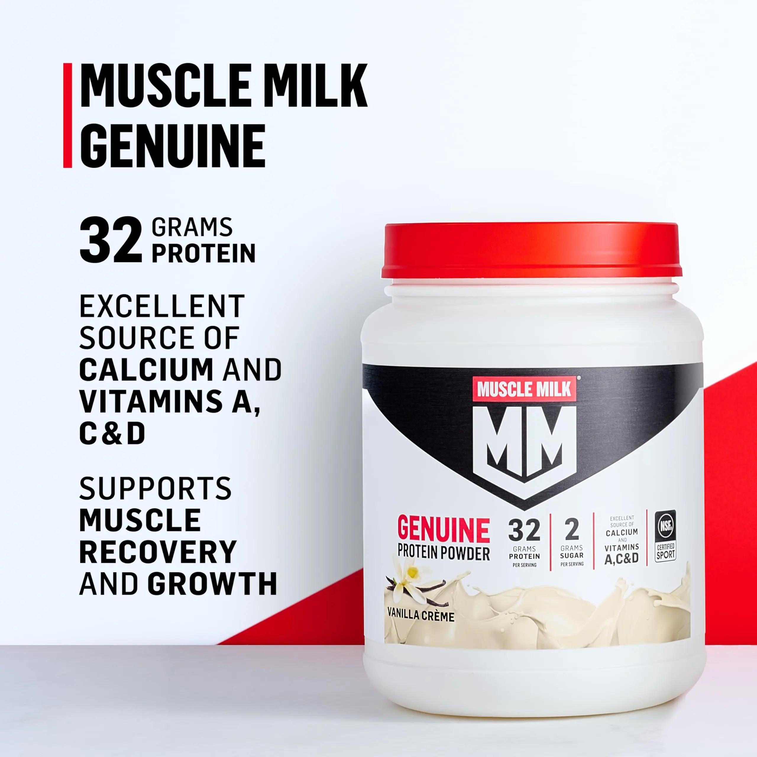 Muscle Milk Genuine Protein Powder, Vanilla Crème, 1.93 Pounds, 12 Servings, 32g Protein, 2g Sugar, Calcium, Vitamins A, C & D, NSF Certified for Sport, Energizing Snack, Packaging May Vary Muscle Milk Au supplements