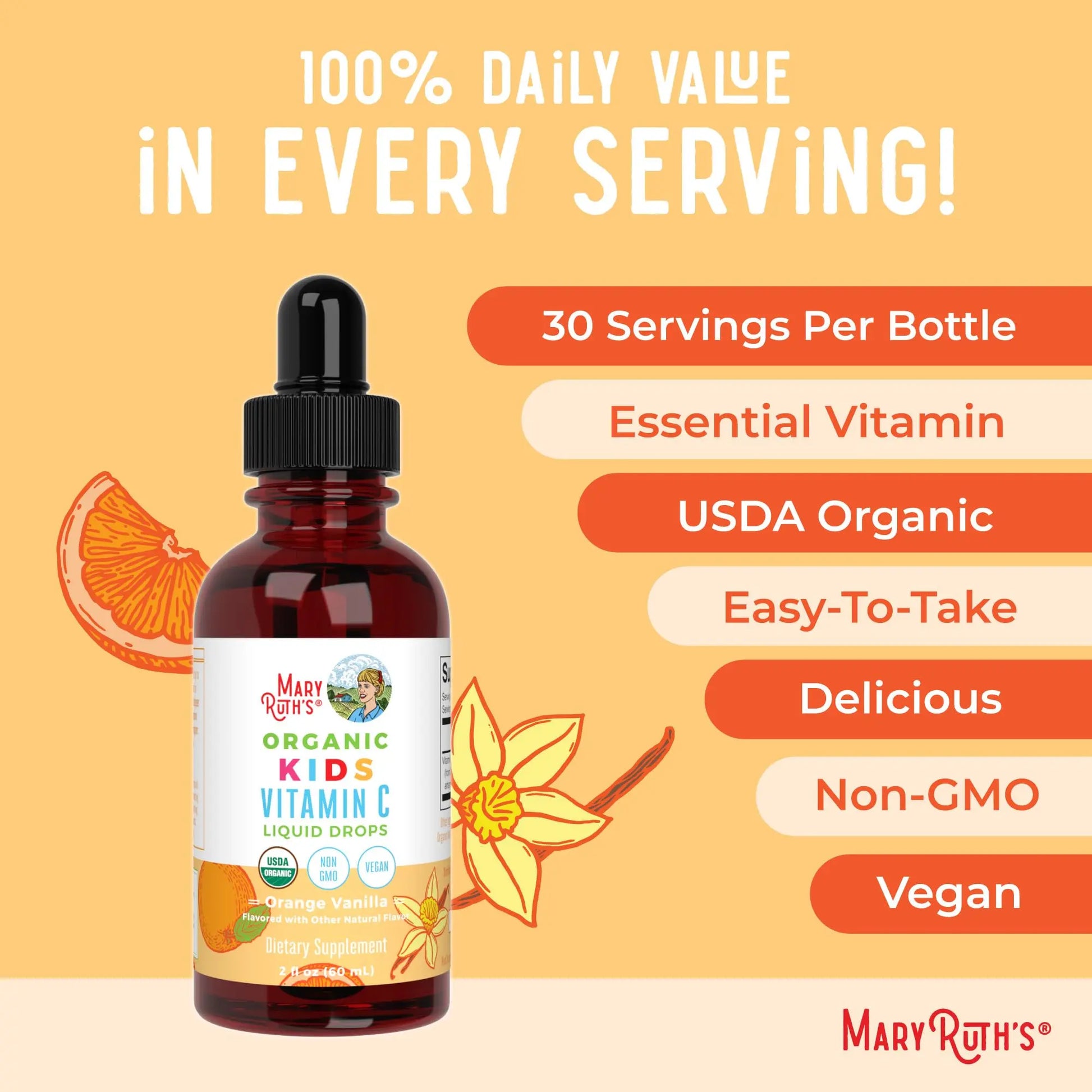 MaryRuth Organics USDA Kids Vitamin C Drops | Vegan Immune Support Supplement for Ages 4-13 | Immune Support & Overall Health | Vitamin C from Organic Acerola Fruit Extract | 2oz MARYRUTH'S Au supplements