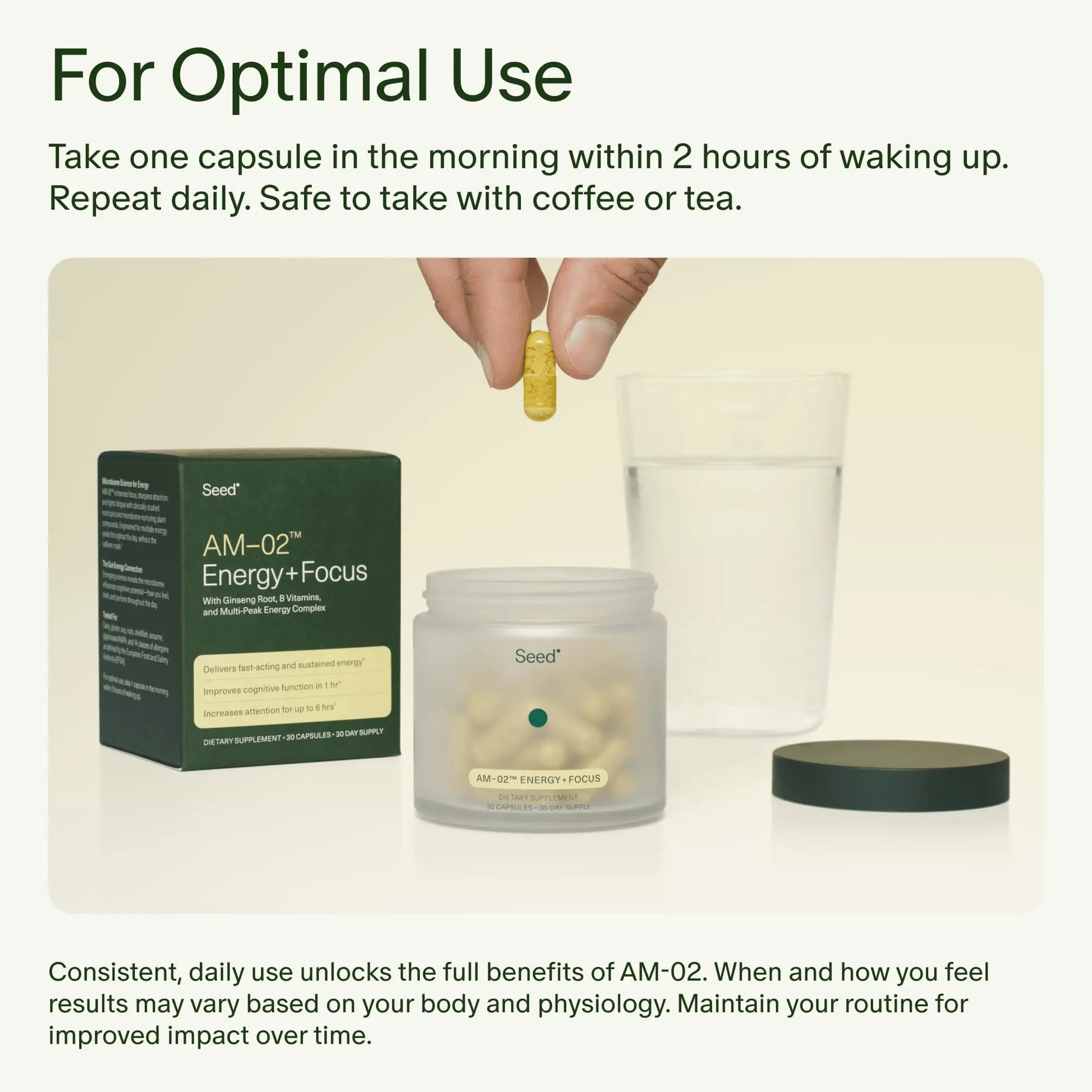 Seed AM-02 Energy + Focus - Daily Nootropic Supplement for Women & Men - Fast-Acting & Sustained Energy for Up to 6 Hours - Caffeine-Free Vegan & Shelf-Stable - 30 Capsules (30-Day Supply) Visit the Seed Store Au supplements