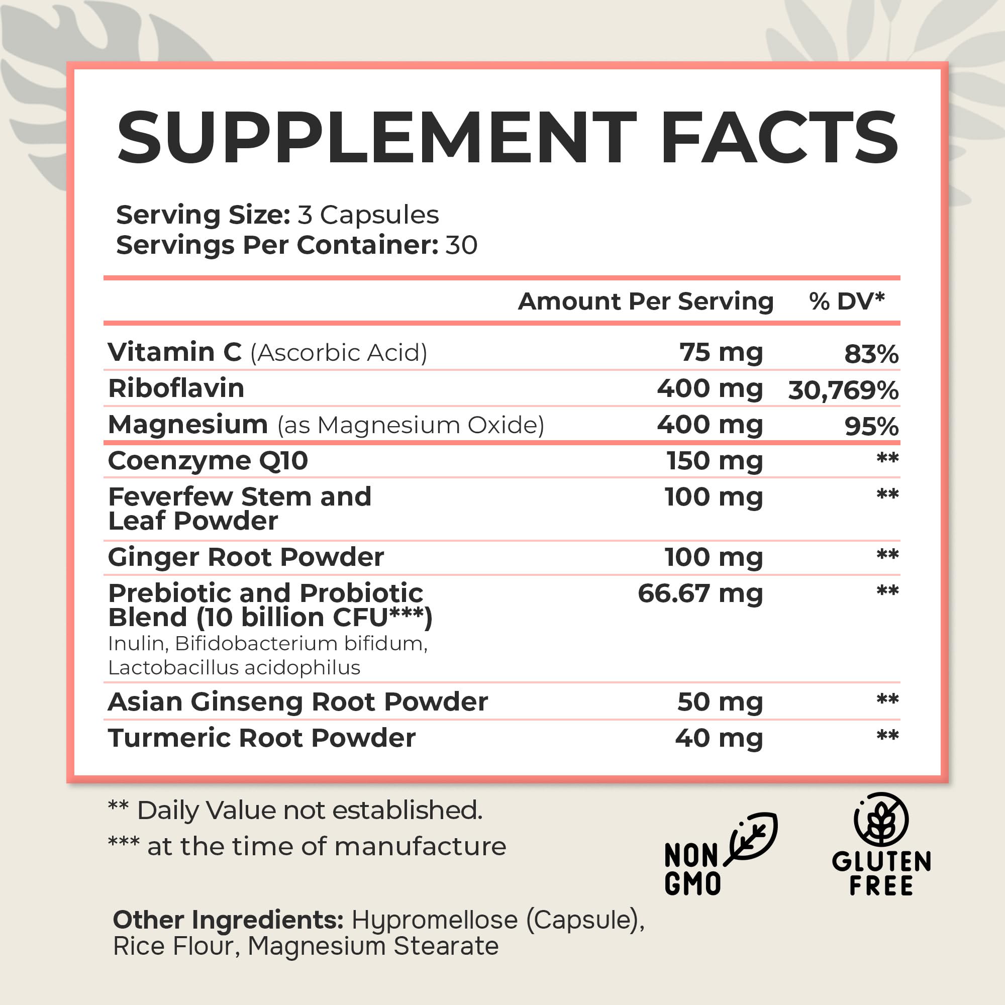Dr. Munnerlyn MigraPro with Probiotics, Brain and Gut Health Support Supplement with Magnesium, Riboflavin, CoQ10, Ginger Root, Asian Ginseng, Vitamin C, Feverfew & Turmeric, Gluten Free, 90 Capsules Dr. Munnerlyn Au supplements