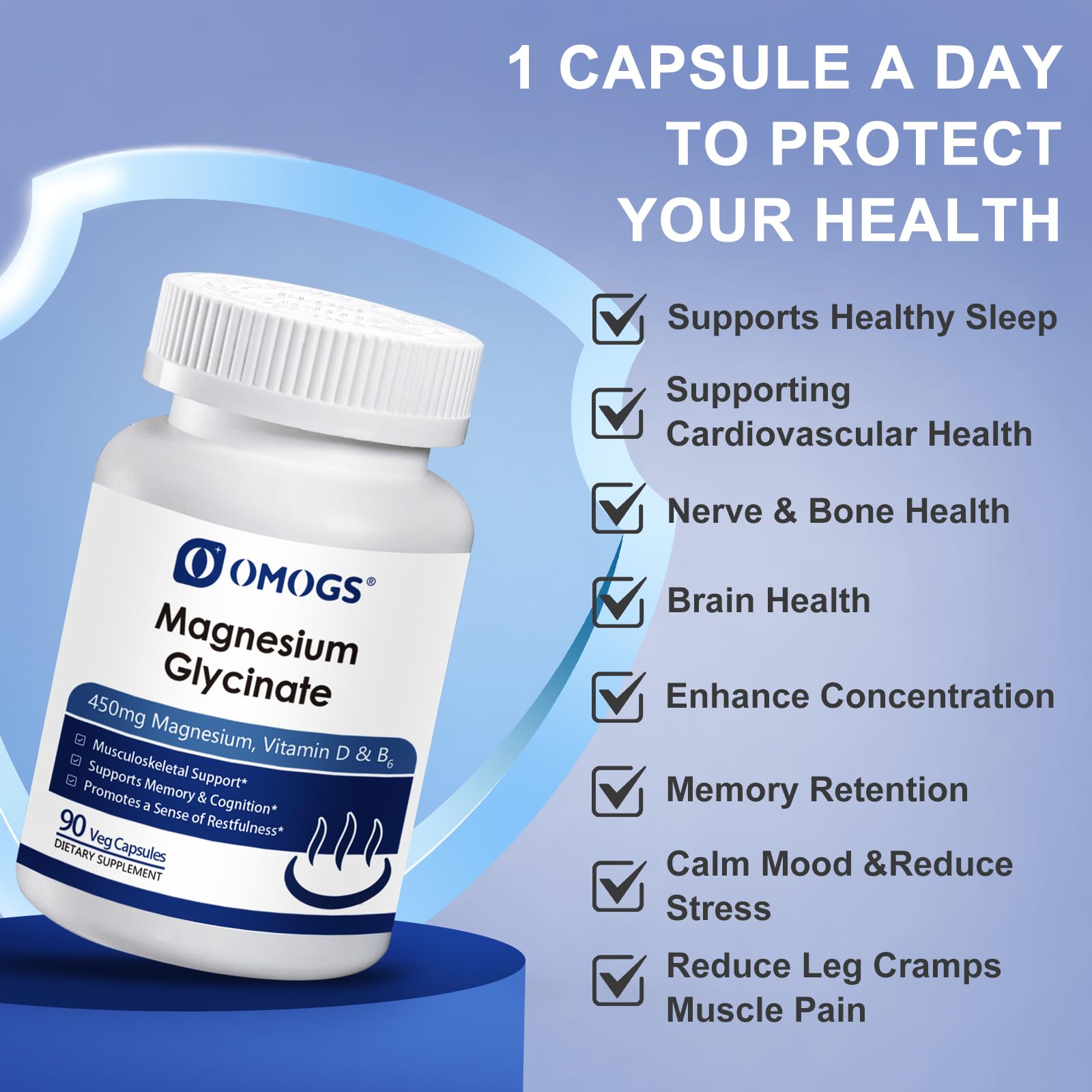OMOGS High Absorption Magnesium Glycinate, for Supporting Sleep, Muscle Relaxation, Heart Health & Bone Health, Gluten Free, Non-GMO, 90 Vegetarian Capsules OMOGS Au supplements
