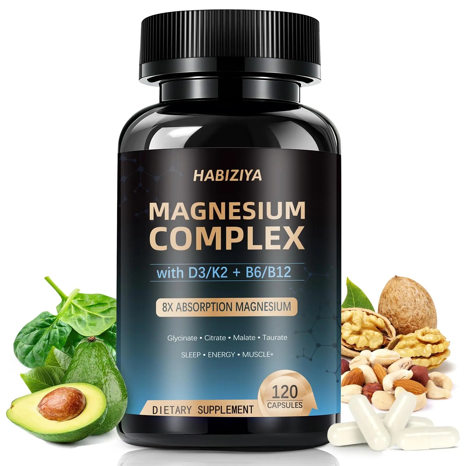Magnesium Complex Supplement 600mg with with D3 K2 MK7 & B Vitamins High Absorption Capsules with Glycinate, Citrate & Malate,Taurate Relaxation,Muscle,Heart Support, Vegan 120 Capsules HABIZIYA Au supplements