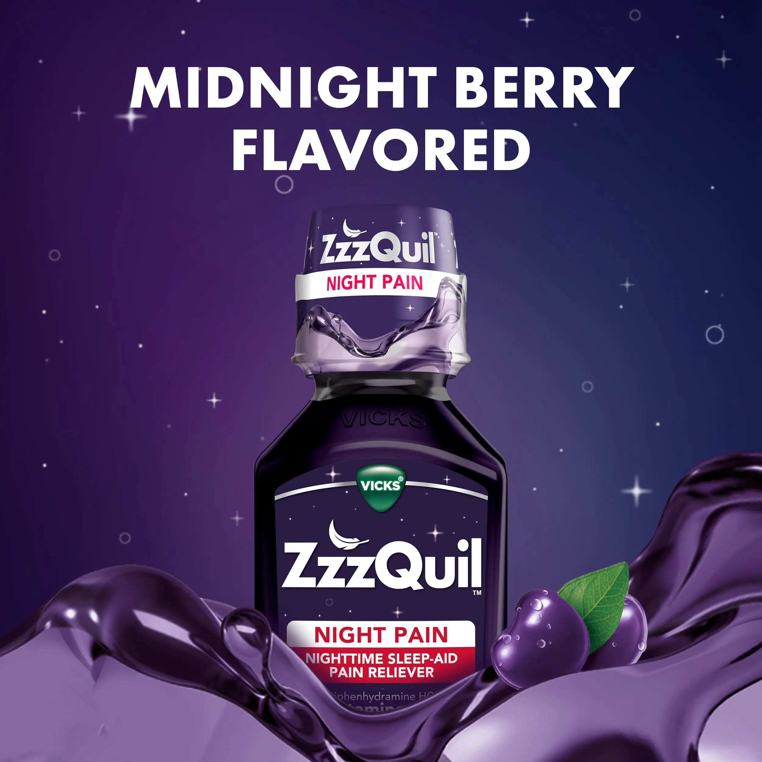 ZzzQuil Liquid, Max Strength Pain Reliever, Nighttime Sleep Aid Liquid, Acetaminophen 1000mg, Diphenhydramine 50mg HCI, Non-Habit Forming, Midnight Berry Flavored, 2 Pack, 24 FL OZ ZzzQuil Au supplements