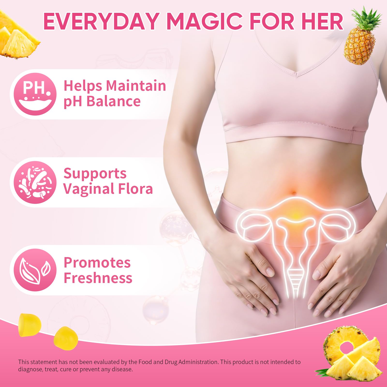 Feminine Probiotics Gummies with Slippery Elm - 60 Pineapple Gummies for Women ph Balance, Vaginal Probiotics Supports Flora, Gut Health & Immune System, Prebiotics & Lactobacillus Blend (Pineapple) Boqiao Au supplements