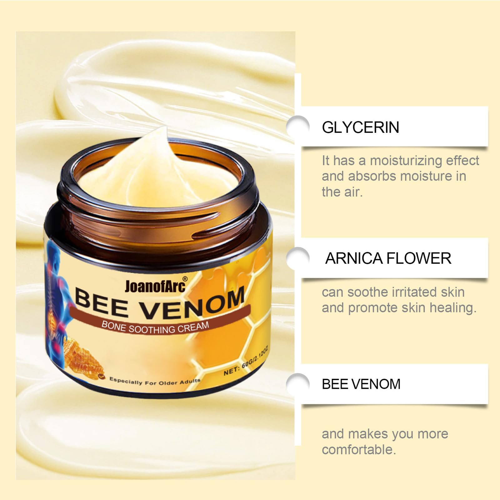 Bee Venom Joint Cream, Natural Bee Venom Skin Cream, Bee Venom Advanced Joint & Bone Cream, Suitable for Everyday Back, Waist, Neck, Hands, Knees, Light Non-Sticky for Men Women Aldult - 2.11 Oz/60g JoanofArc Au supplements