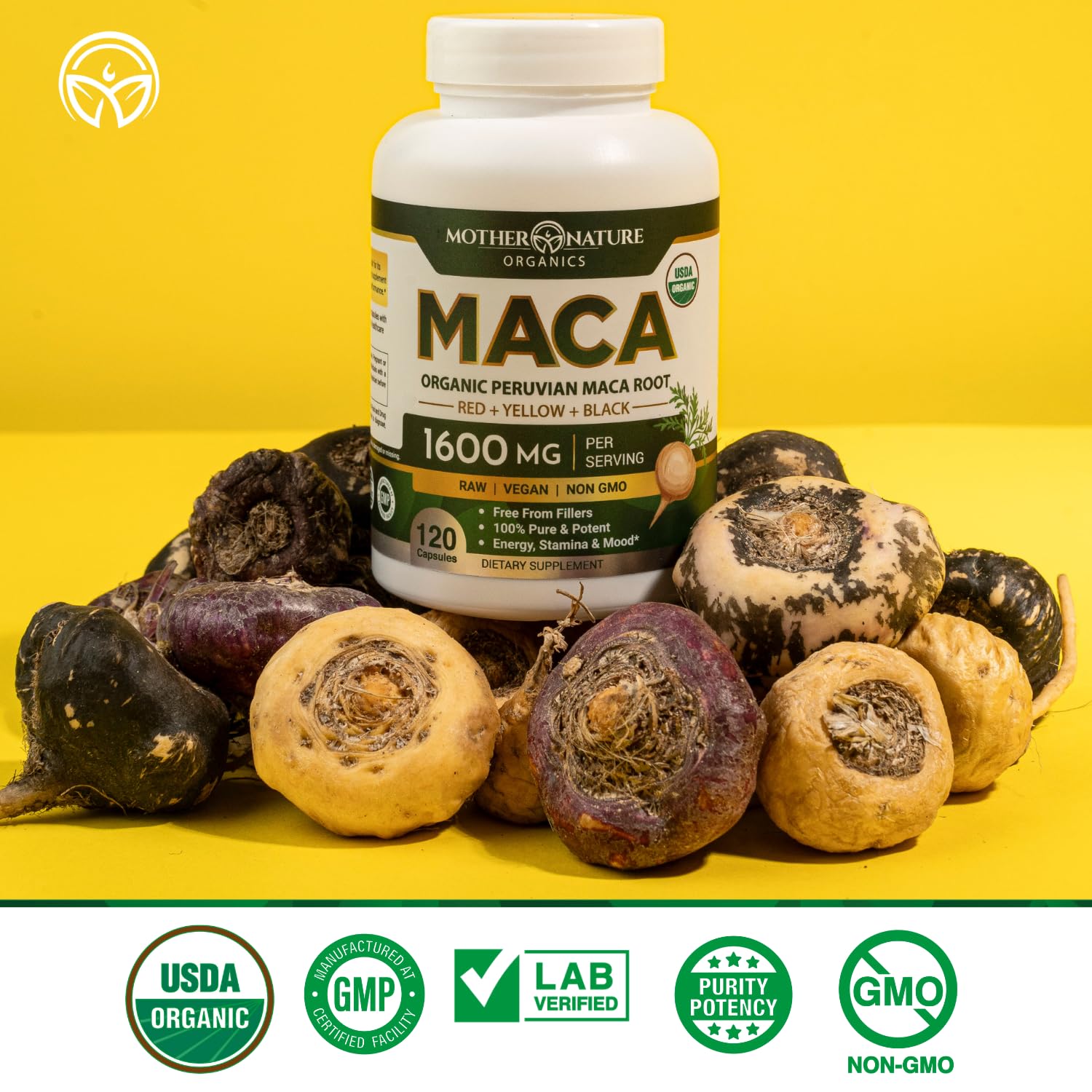Mother Nature Organic Maca Root Capsules – 1600mg, 120 Vegan Capsules – Non GMO Peruvian Yellow, Red & Black Maca for Men & Women - Energy, Hormone, Brain & Weight Well-Being Mother Nature Organics Superfoods for Organic Living Au supplements