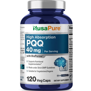 NusaPure PQQ Supplement 40 mg, 120 Veggie Capsules, Non-GMO, Pyrroloquinoline Quinone Disodium Salt, Bioperine & Vegan NusaPure Au supplements
