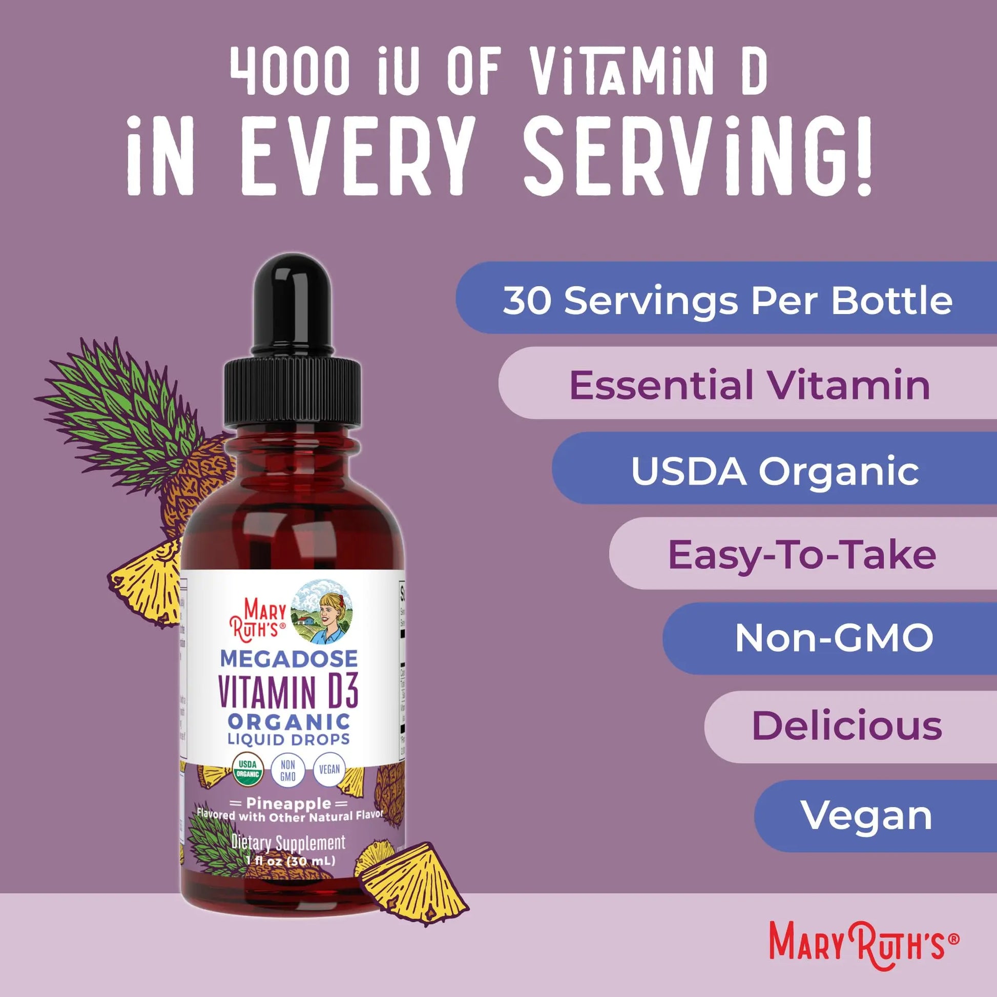 MaryRuth Organics Vitamin D3 Liquid Drops | Megadose 4000 IU | USDA Organic Liquid Vitamin D Spray for Adults & Kids | Immune Support & Bone Health | Vegan | Gluten Free | Non-GMO | 30 Servings MARYRUTH'S Au supplements