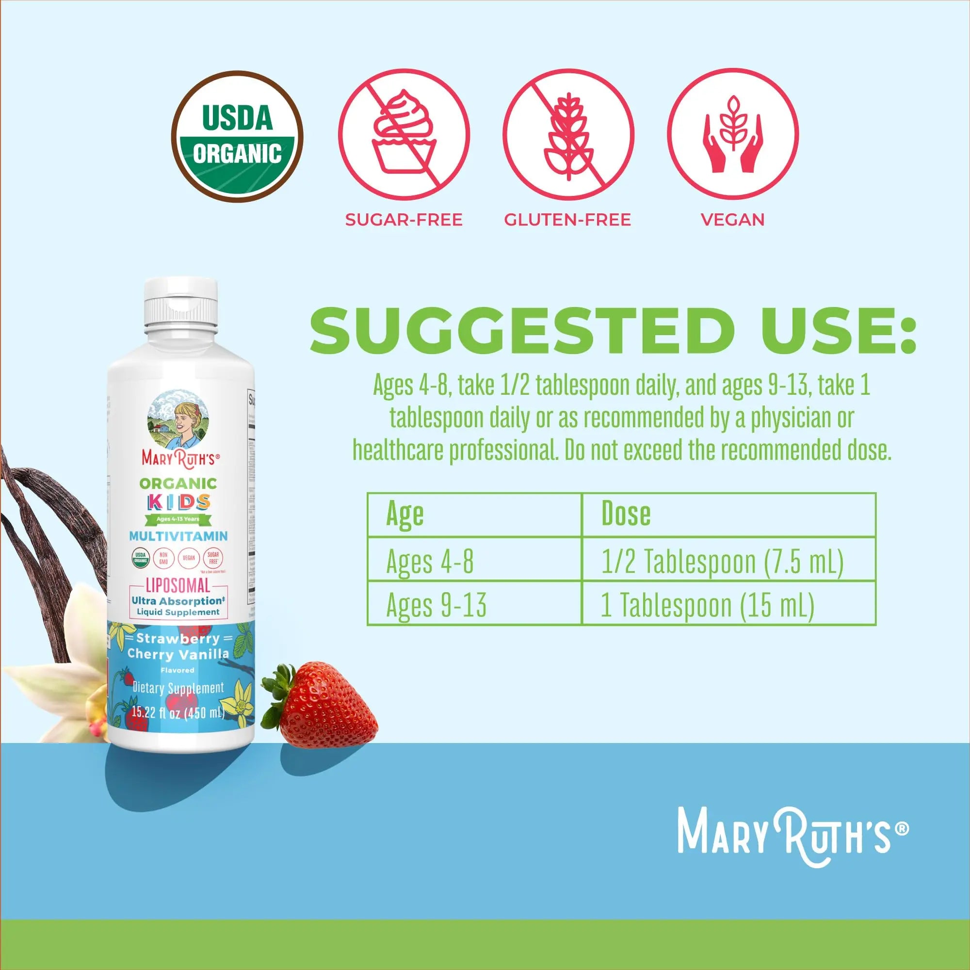 MaryRuth Organics Kids Multivitamin Liposomal | Vegan, Sugar-Free Vitamins for Kids | Ages 4+ | 2 Month Supply | 15.22 Fl Oz MaryRuth Organics Au supplements